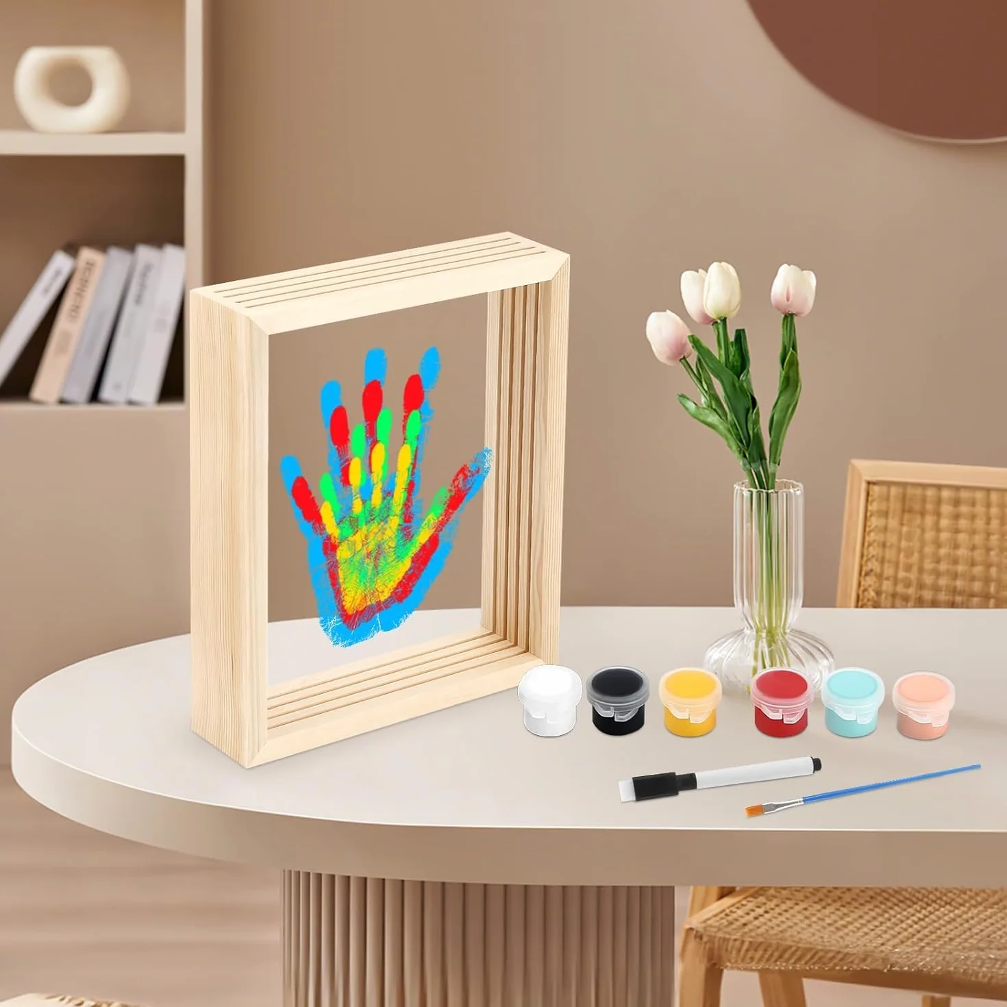Kit d'Empreintes de Mains Familiales avec Cadre en Bois, 4 Empreintes, 6 Couleurs de Pigments, pour Bébé