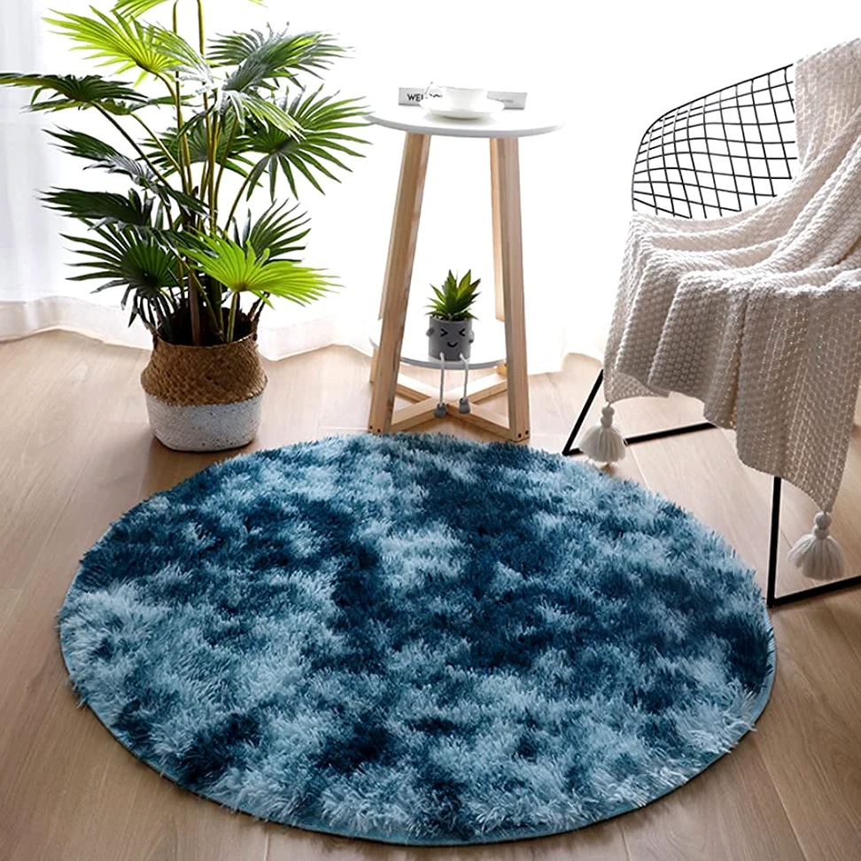 Dhao Tapis Ronde Poils Longs Shaggy Moderne Design Épais Anti Slip Lavable Décor Ultra Doux De Peluche Chambre à Coucher Salon Tapis Décoratif (Bleu,180x180cm)