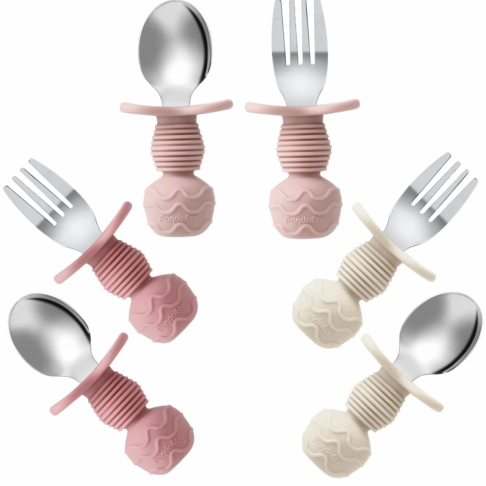 PandaEar Couverts Bébé Acier Inoxydable Lot de 6 Cuillères Fourchettes Anti-Étouffement Rose Blanc