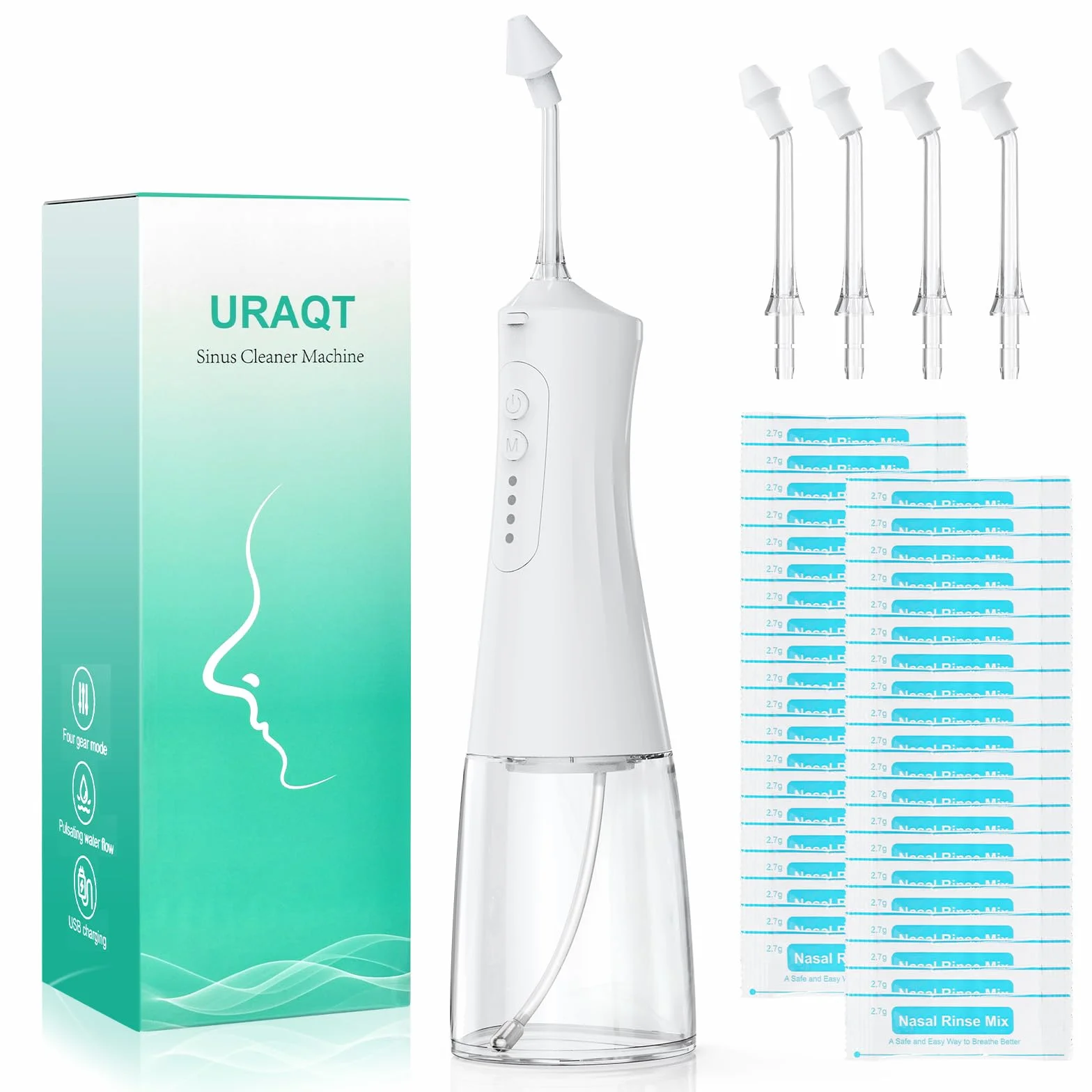 Kit d'irrigation nasale URAQT, Pot Neti électrique avec 4 douches et 40 sachets de sel