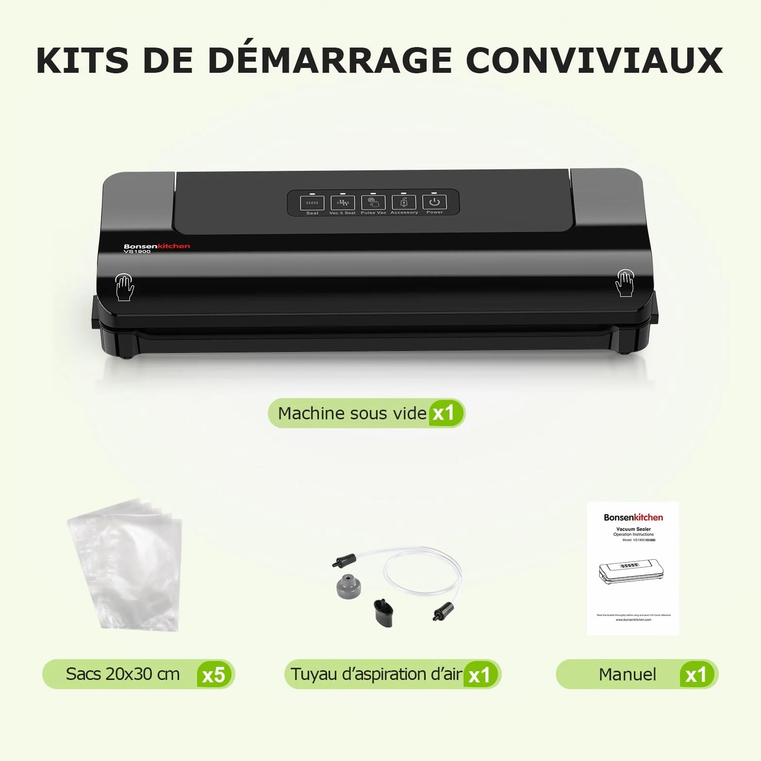 Machine sous vide alimentaire Bonsenkitchen compacte multifonction 4 modes 5 sacs tuyau aspiration
