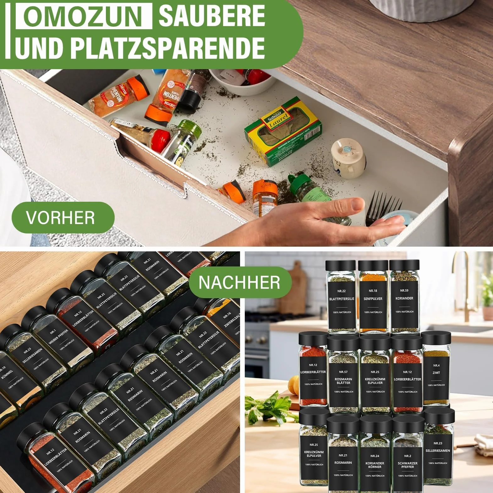 Lot de 24 pots à épices en verre 120 ml avec étiquettes étanches et insert à saupoudrer - Noir