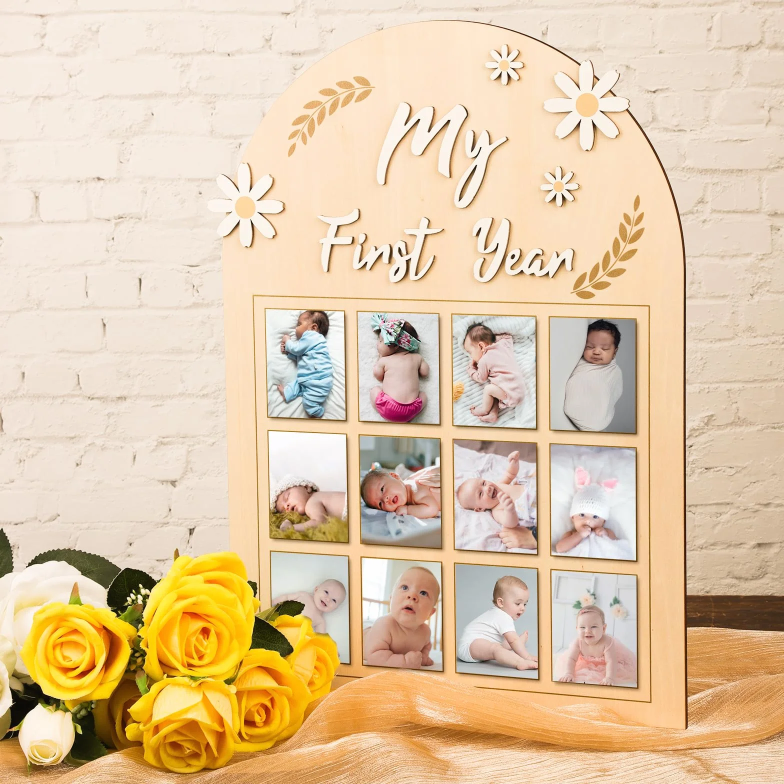 Cadre Photo Première Année Bébé Fleur Marguerite 3D Bannière Photo Mensuelle Planche Bois 12 Mois Cadeau Nouveau-Né Souvenirs 1er Anniversaire