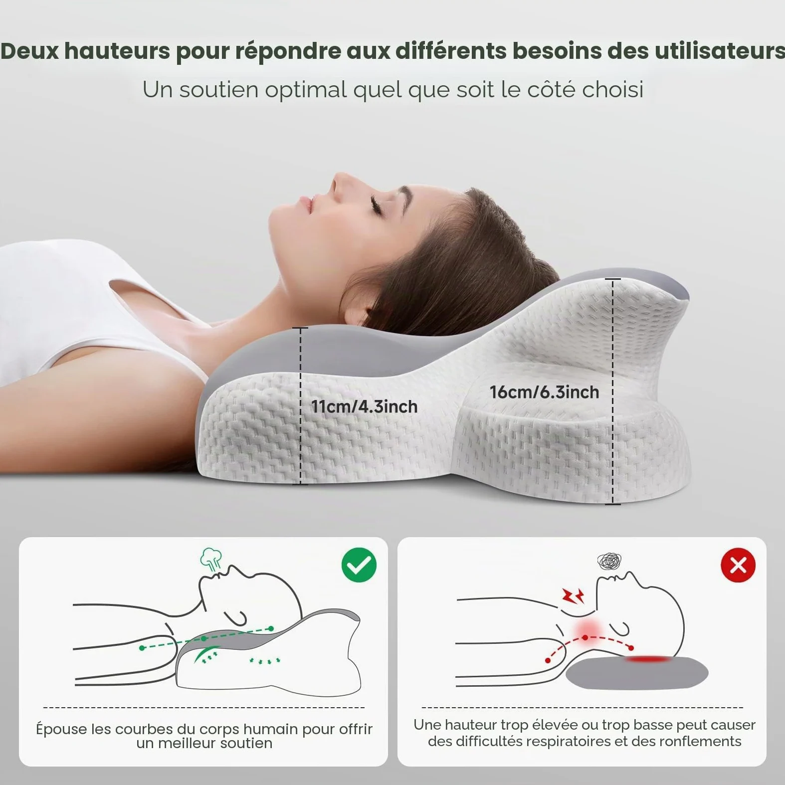 A-PCE 2 Pièces Oreiller en Mousse à mémoire de Forme | Oreiller de Soutien Cervical,avec taie d'oreiller Amovible rafraîchissante,Soulage Les douleurs du Cou et des épaules,Gris