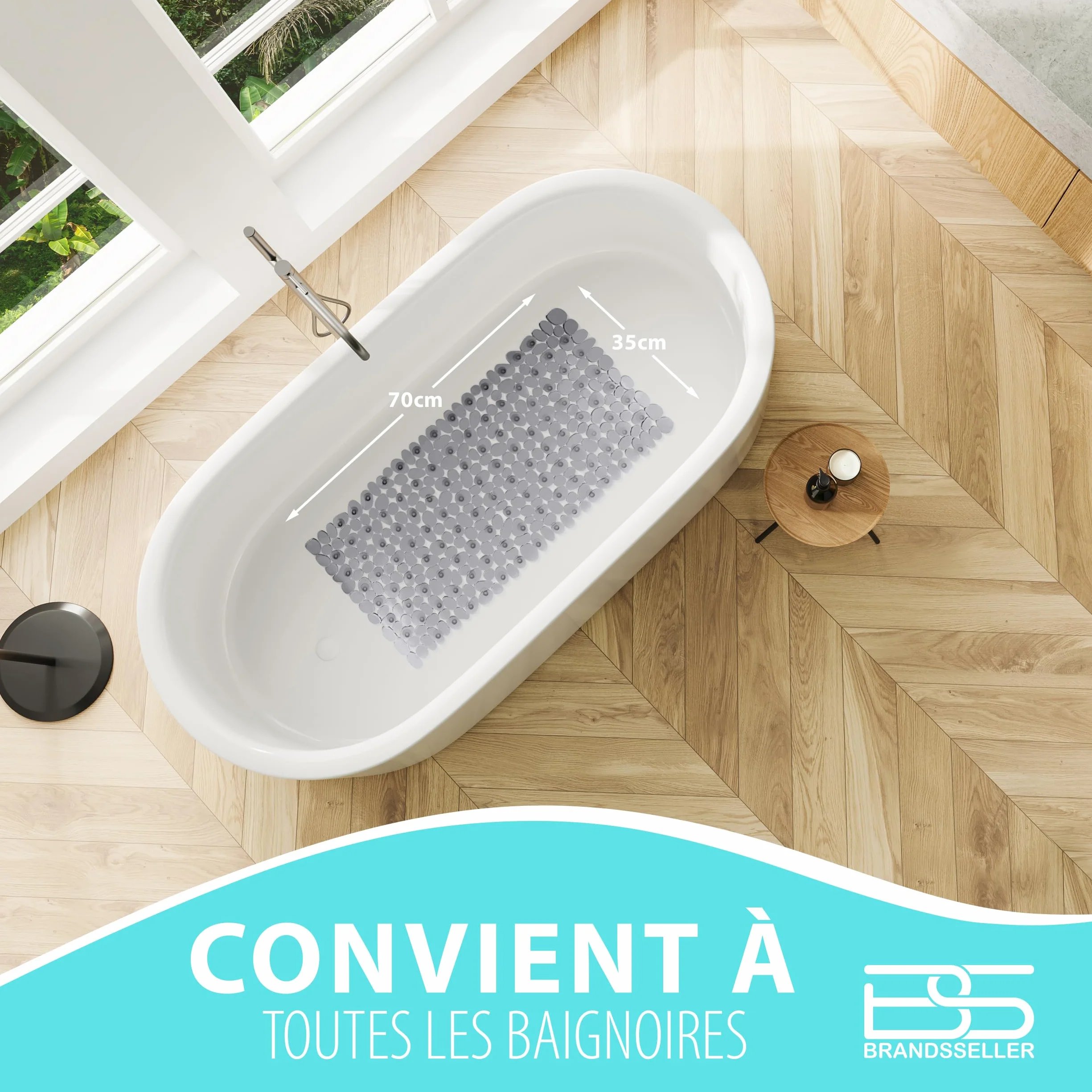 Tapis de Baignoire Anti-Glisse 70 x 35 cm PVC Aspect Pierre Rectangulaire Transparent Gris