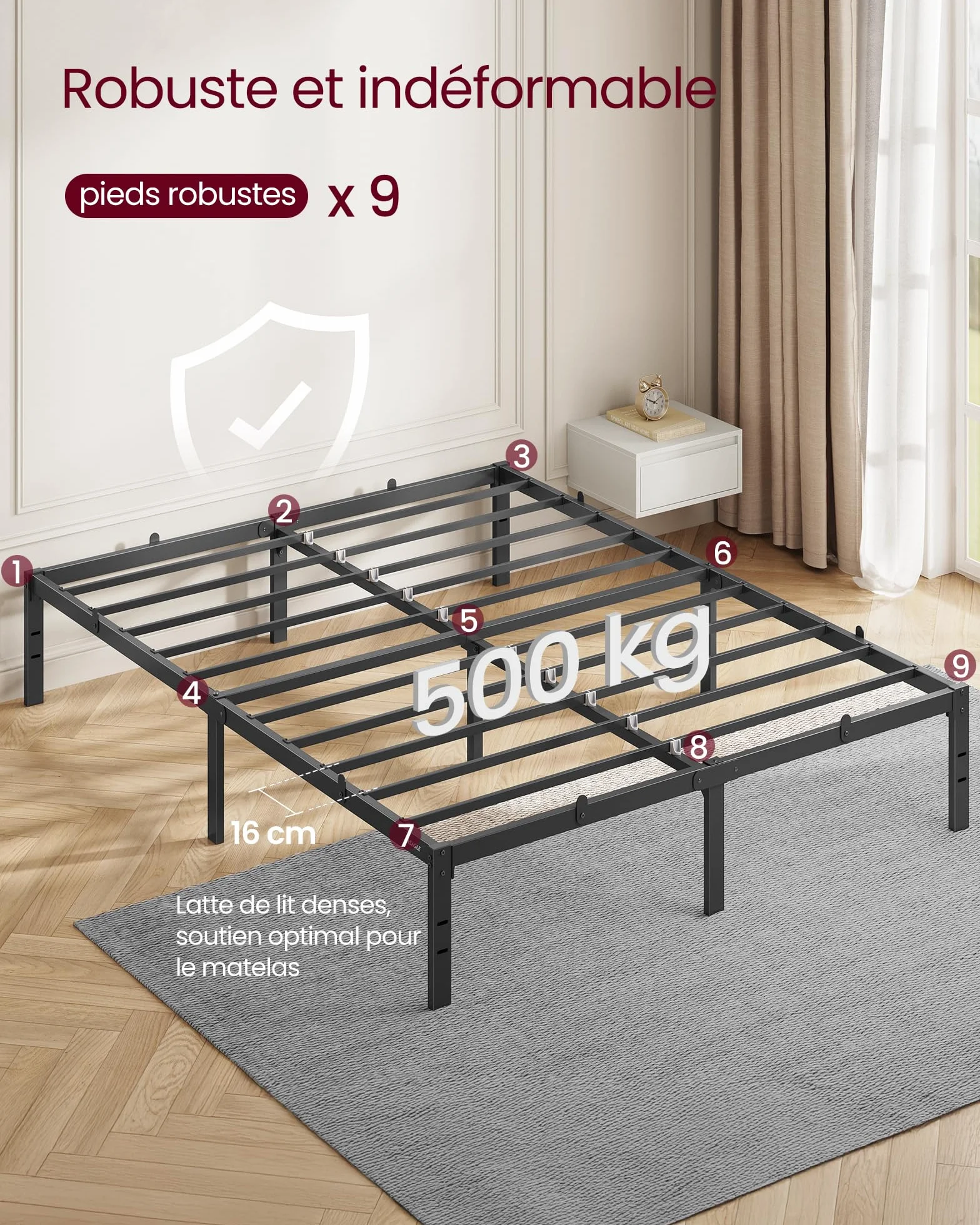 VASAGLE Cadre de lit Double métal Lit 140x190 cm 450 kg Noir d'encre RMB133B01