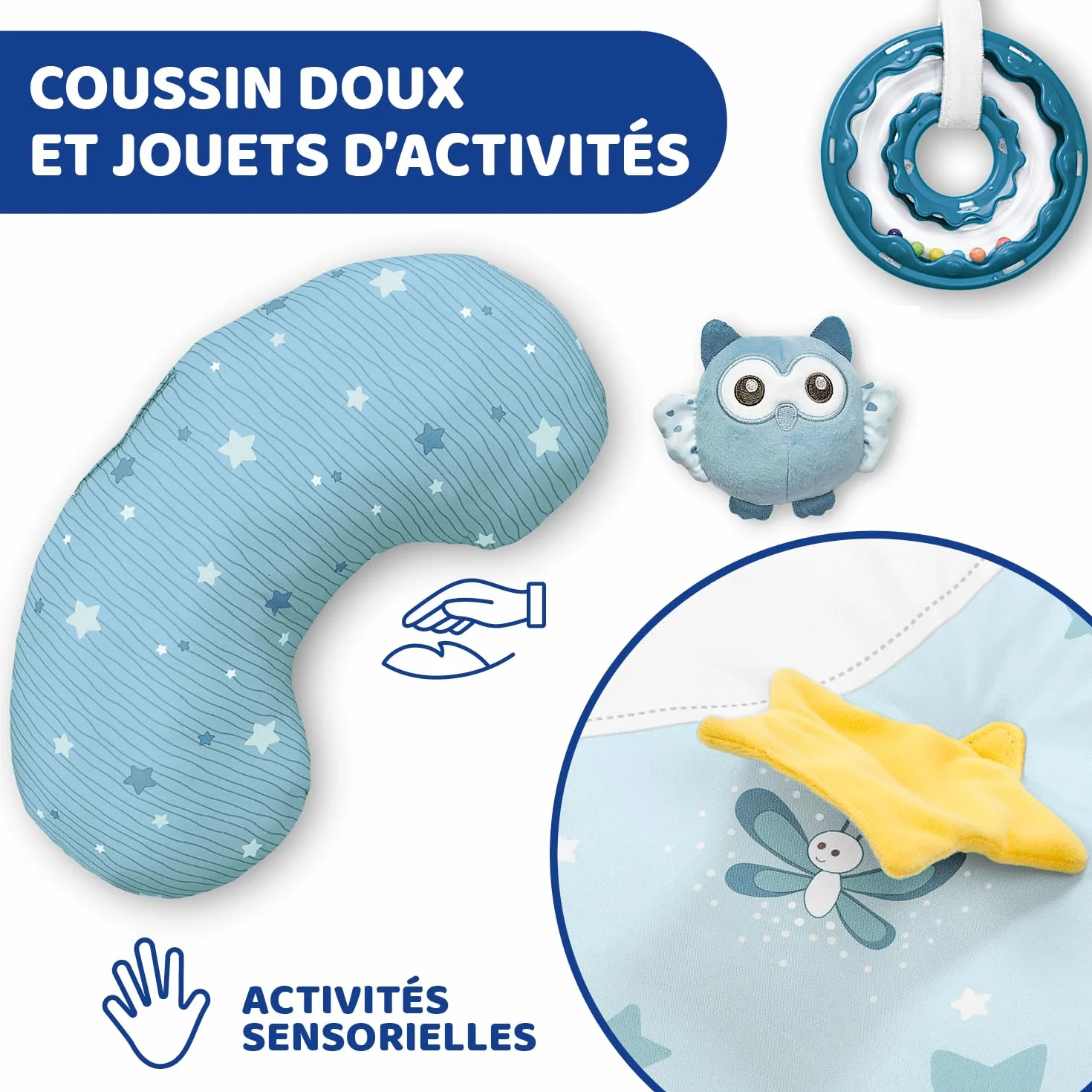Chicco Tapis d'Éveil 3 en 1 Gym Électronique Multifonction avec Projecteur d'Étoiles, Veilleuse et Musique Relaxante - Bleu