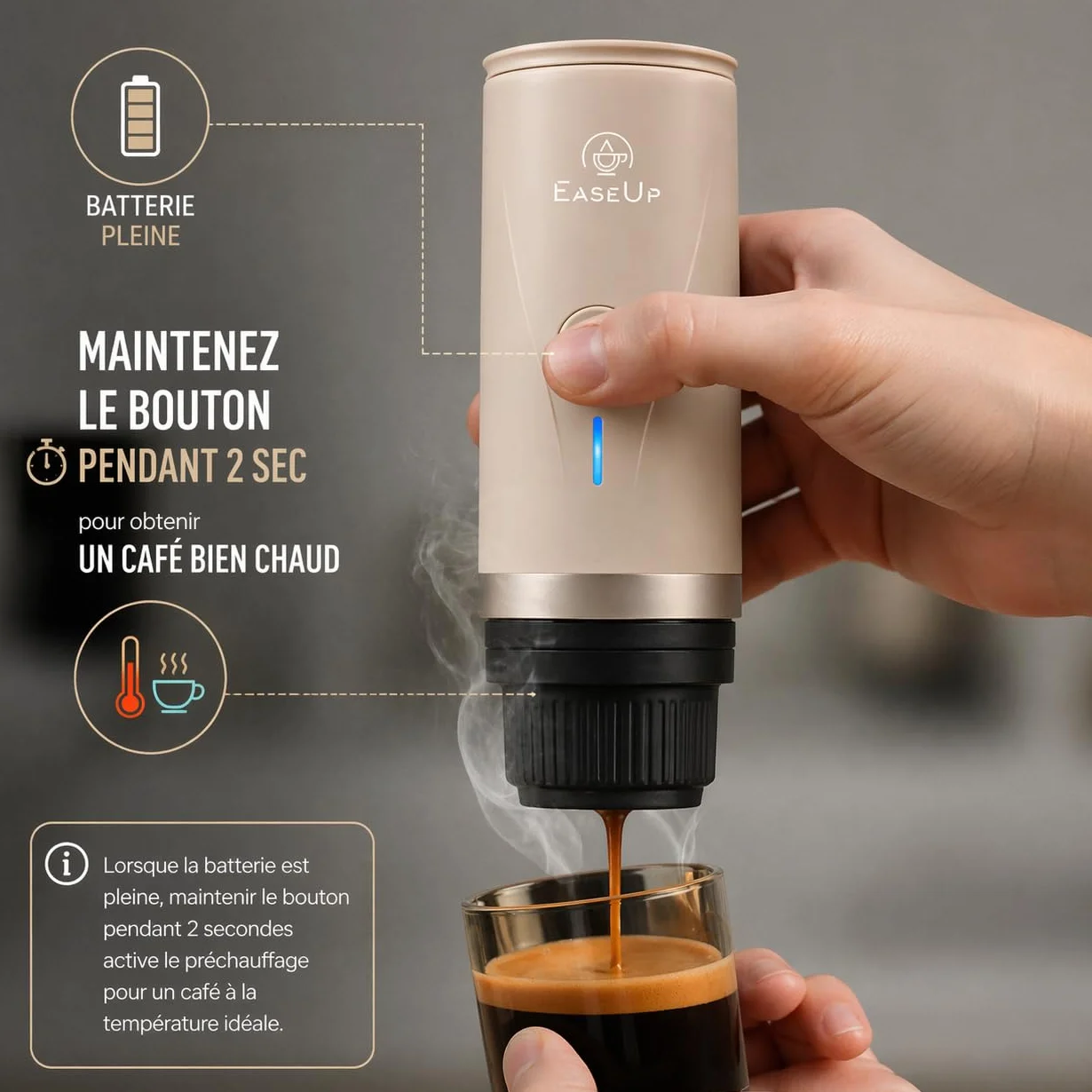 EaseUp Machine à Café Portable Rechargeable 2en1 avec étui de transport – Cafetière portable compatible Capsules Espresso & Café Moulu Pour Voyage, Camping, Voiture (Beige)