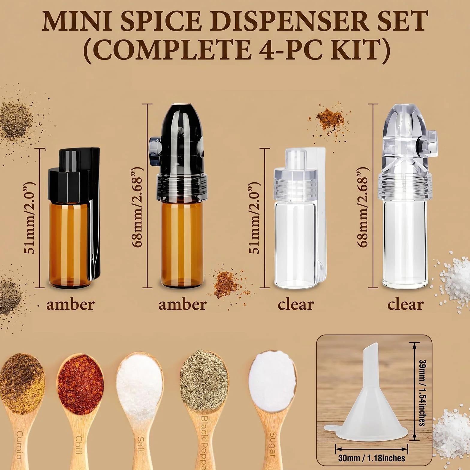 Distributeurs de Poudre d'Épices Lot de 4 avec Cuillère, 2 Bruns 2 Blancs, Flacons 51mm 68mm, Entonnoir Inclus