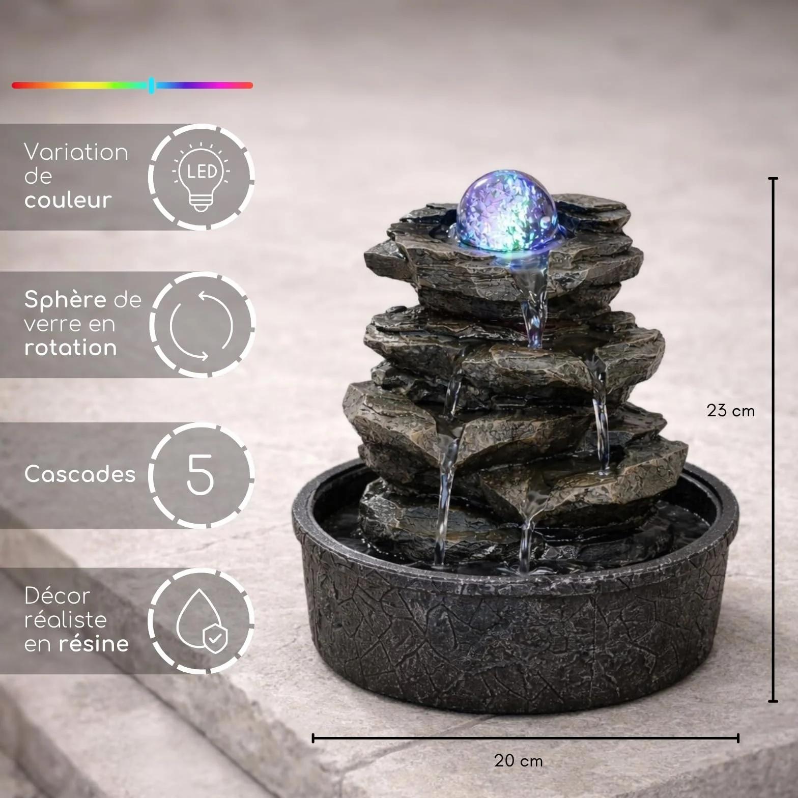Zen'Light Fontaine d'Intérieur Little Rock Cascade Nature Effet Pierre Lumière LED Coloré H23cm