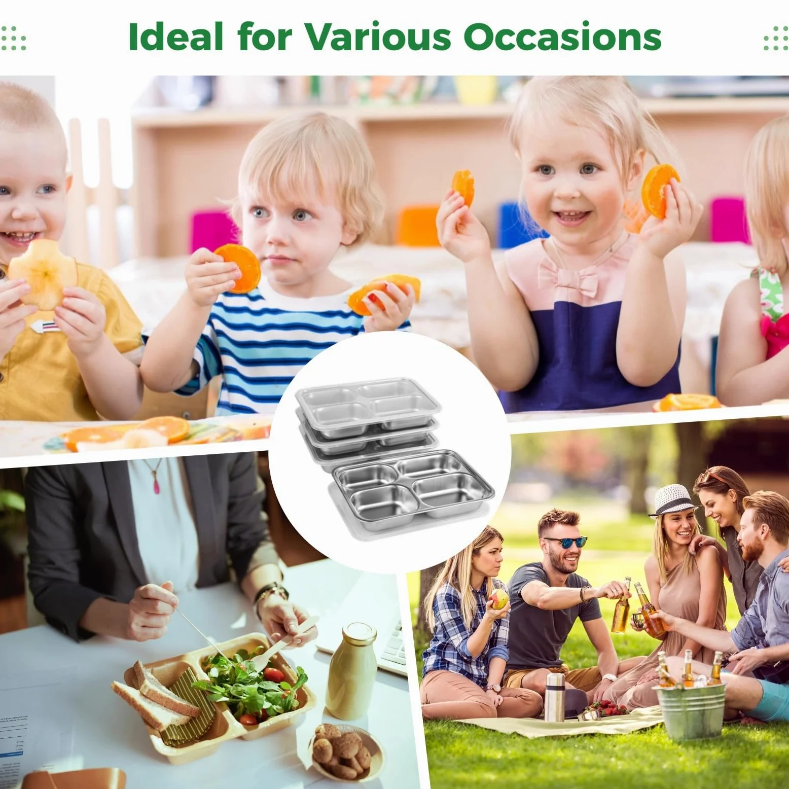 Lot de 4 boîtes à bento en acier inoxydable avec couvercles pour enfants et adultes, plateaux à déjeuner réutilisables