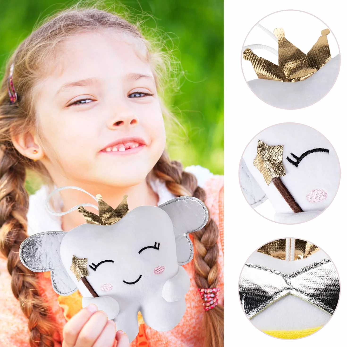 Poupée fée des Dents Ailes Brillantes brodé Oreiller avec Poche Souvenir Cadeau pour garçons Filles (Blanc)