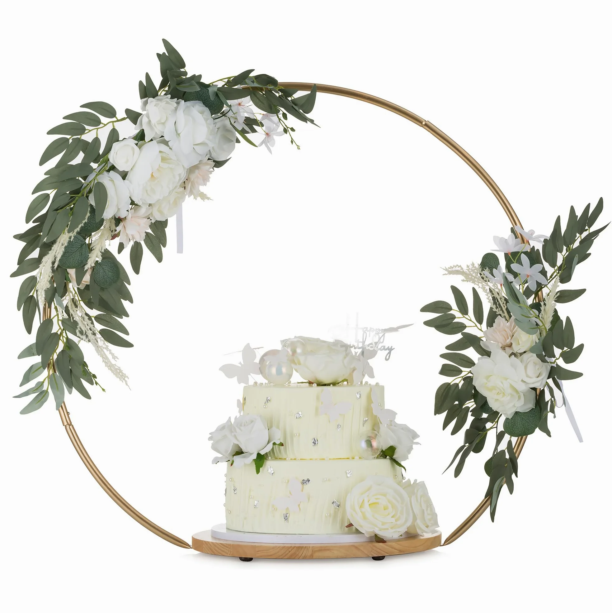 NUPTIO Support Gateau Presentoir avec Piedestal Rond Bois, 36cm | avec Metal Ring, pour Mariage Anniversaire, Fête, Douche de Bébé, Noël
