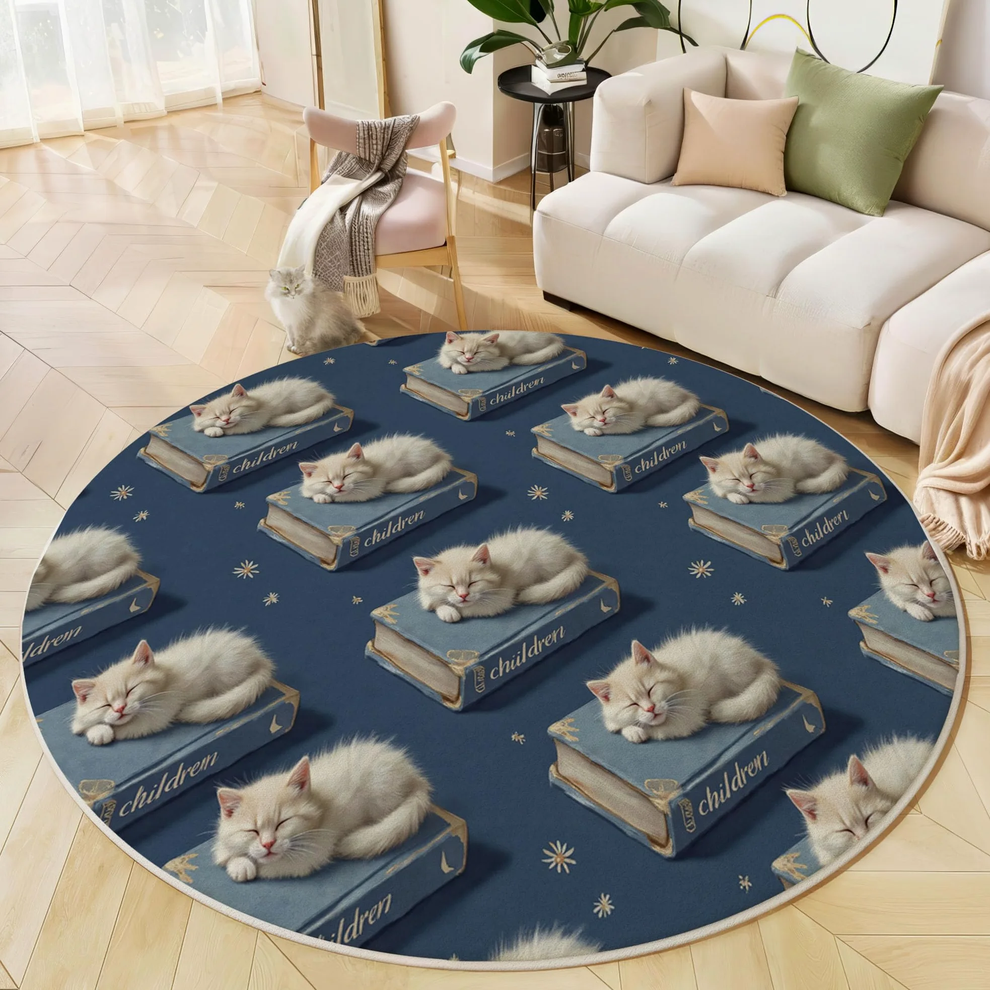 Tapis Rond De Chambre d'enfant 100 Cm - Chat Mignon Livres Bleu Marine - Motif Animaux Ciel Étoilé - Moelleux Et Antidérapant - Tapis De Salon À Poils Courts - Lavable - Moderne Doux