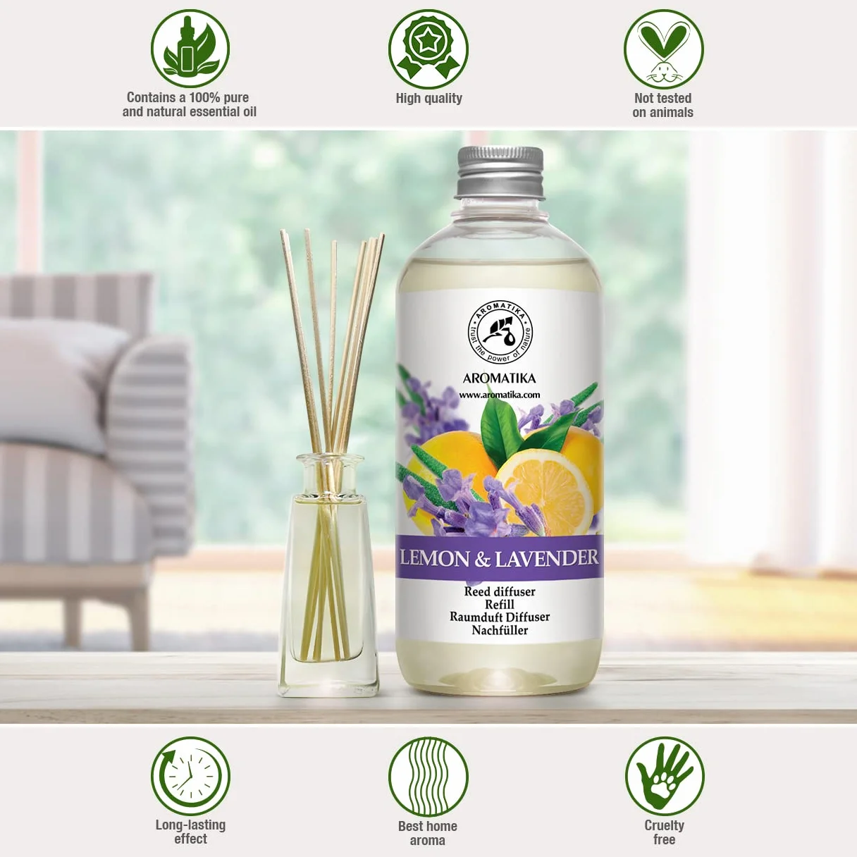 Diffuseur de Parfum Citron-Lavande 500ml - Aromathérapie - Huile Essentielle - Parfum d'Ambiance Frais et Longue Durée