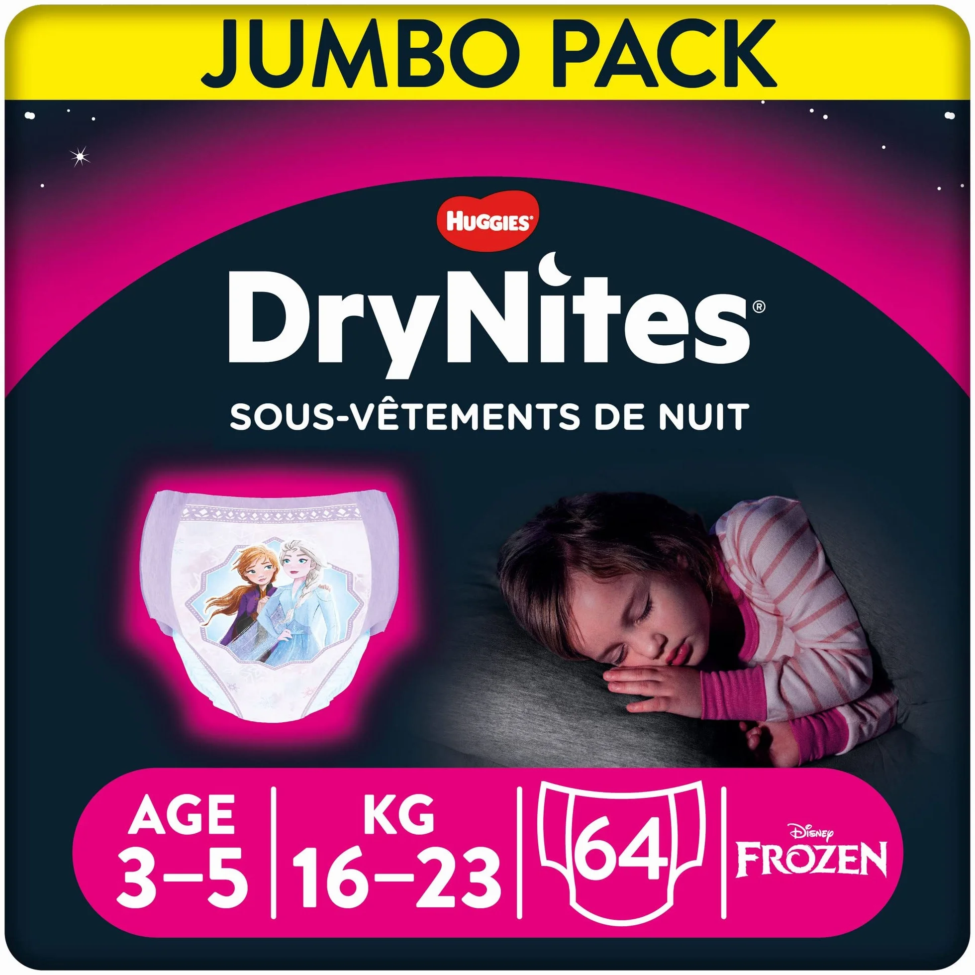 HUGGIES DryNites sous-vêtements de nuit ultra-absorbants 3-4 ans Filles 12-21 kg 4 paquets de 16 culottes