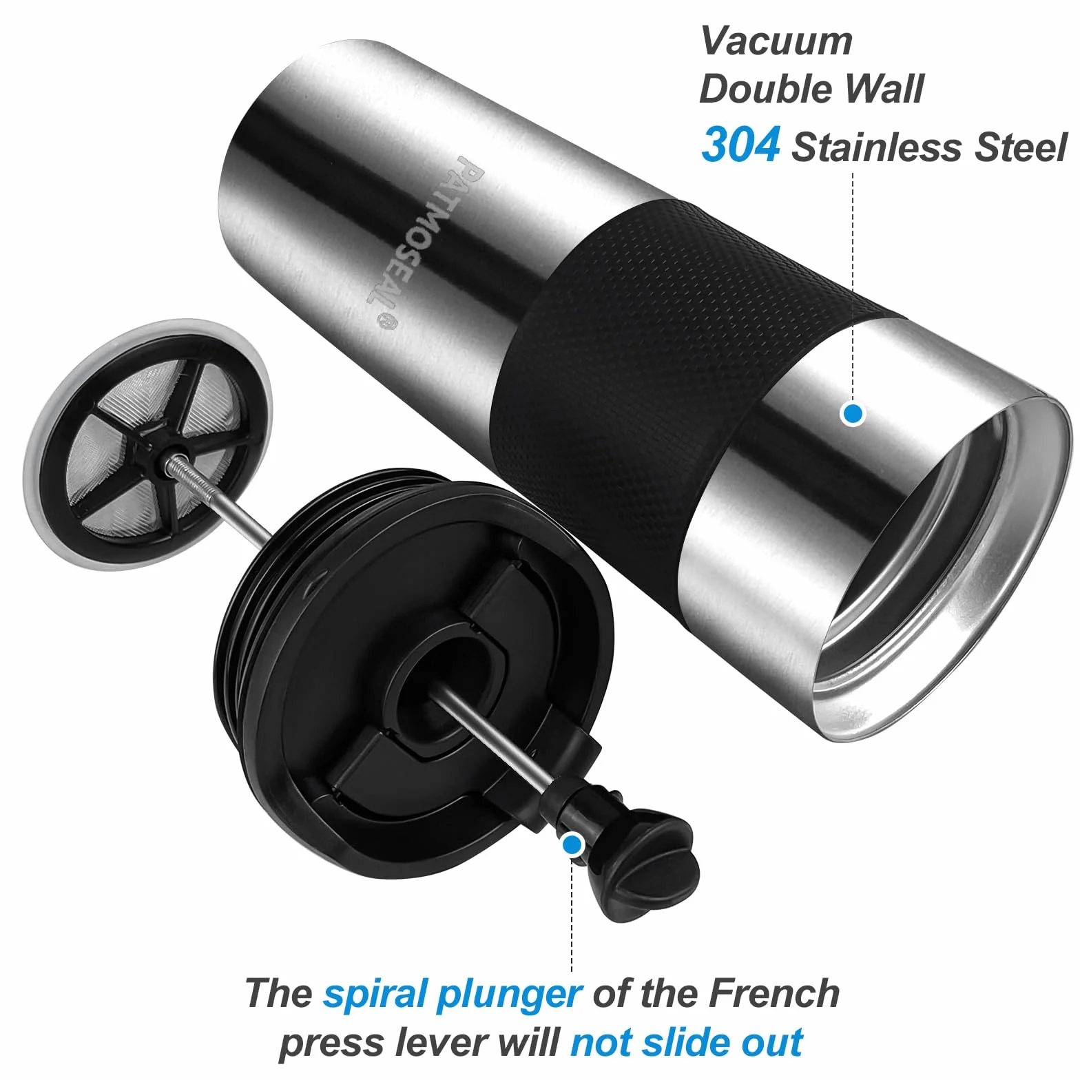 Tasse de voyage isotherme à piston étanche 450 ml argenté – Cafetière portable sous vide 3 tasses