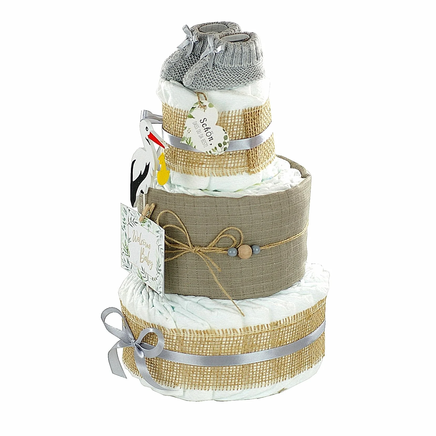 Gâteau de couches 3 étages Cigogne avec bottines bébé et couche en mousseline gris