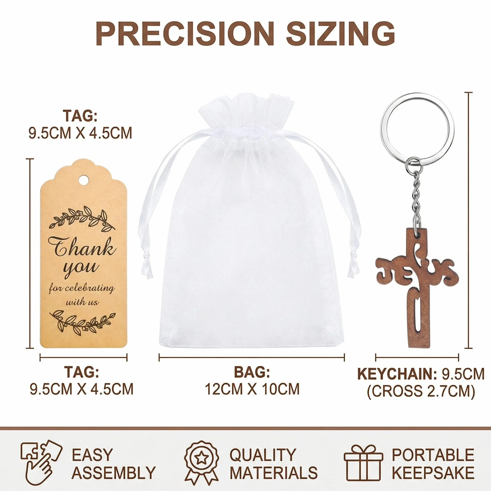 YUZNA 12 sacs + 12 cartes + 12 porte-clés croix Etiquette Baptême Motif Cadeau Invité Décoration pour Baptême avec Ruban