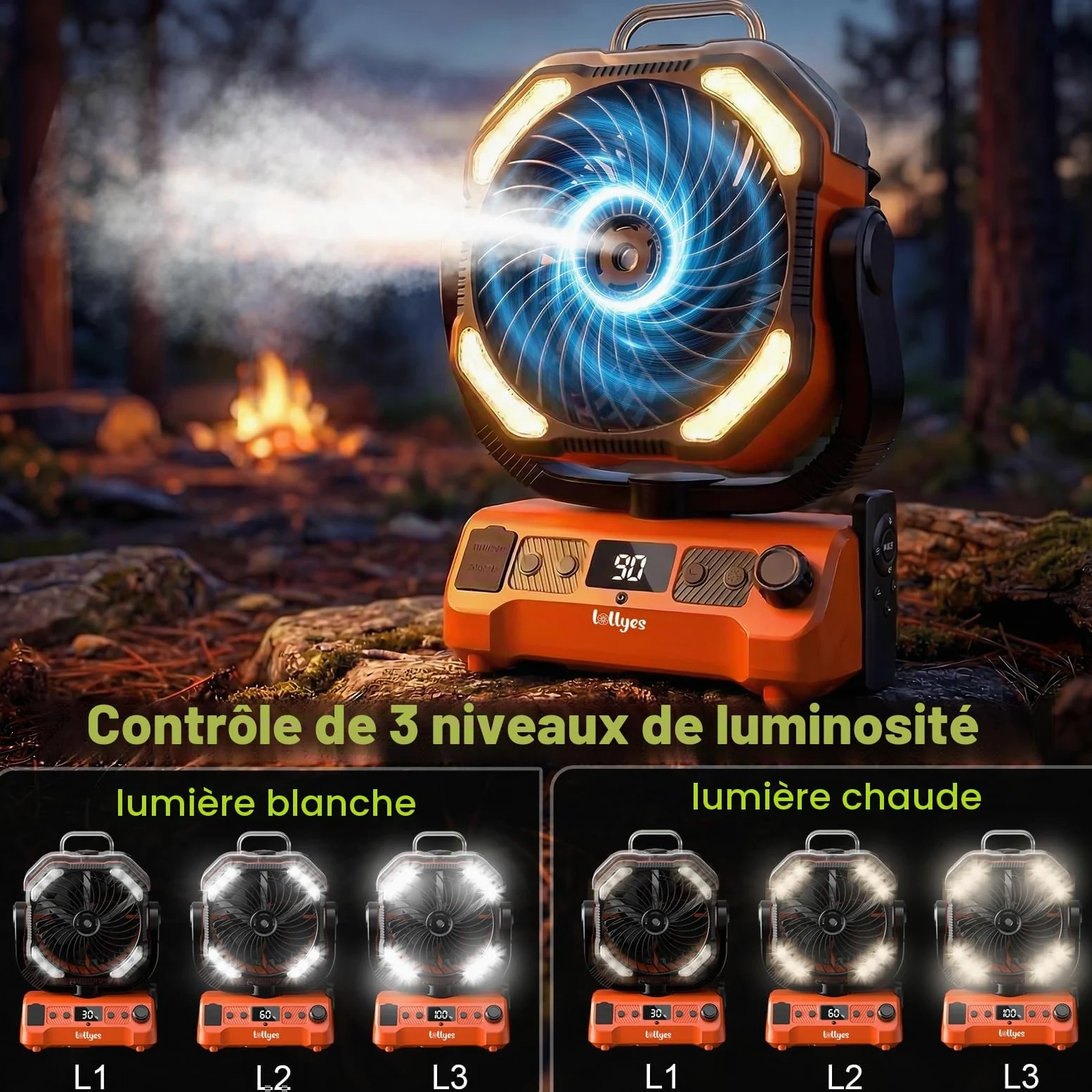 Lolleys Ventilateur Brumisateur de Camping 20000mAh, Ventilateur Portable Rechargeable avec Télécommande, Double Moteur, Crochet 360°, Vitesse Variable pour Extérieur Pêche Camping-car Plage, Orange