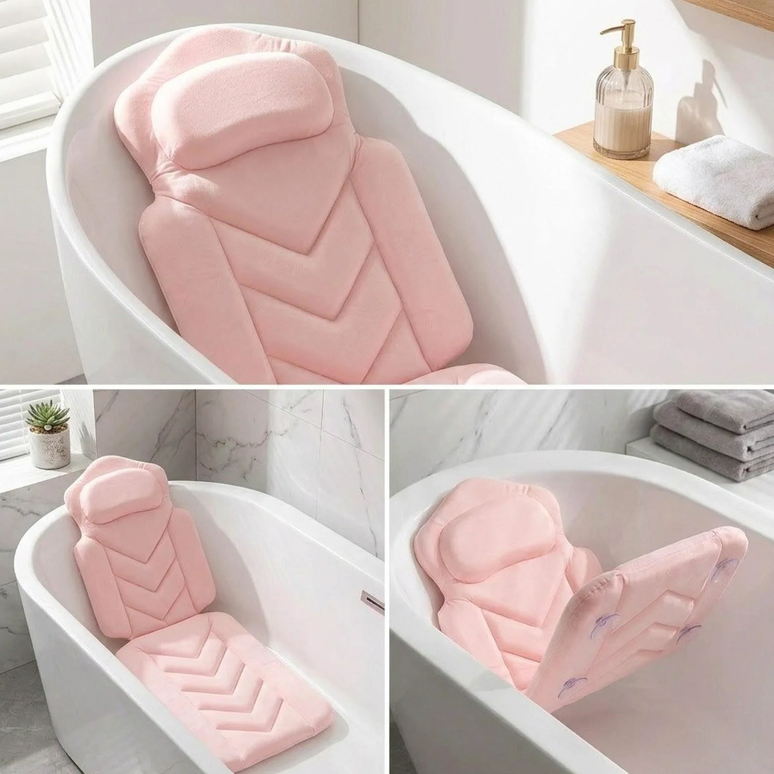 Tapis de Baignoire Antidérapant Adulte Coussin Intégré Respirante Polyester Ventouses Fixation Stable Lavable Confort Accessoires Baignoire, Rose
