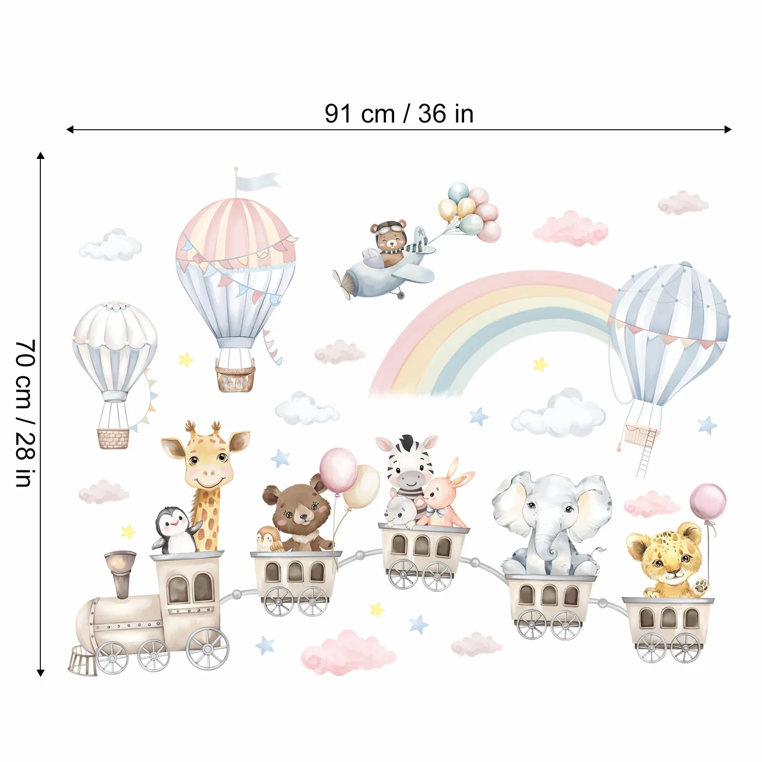 Stickers Muraux Enfant Train des Animaux Aquarelle Décoration Murale Pastel Autocollants Amovibles Chambre Bébé