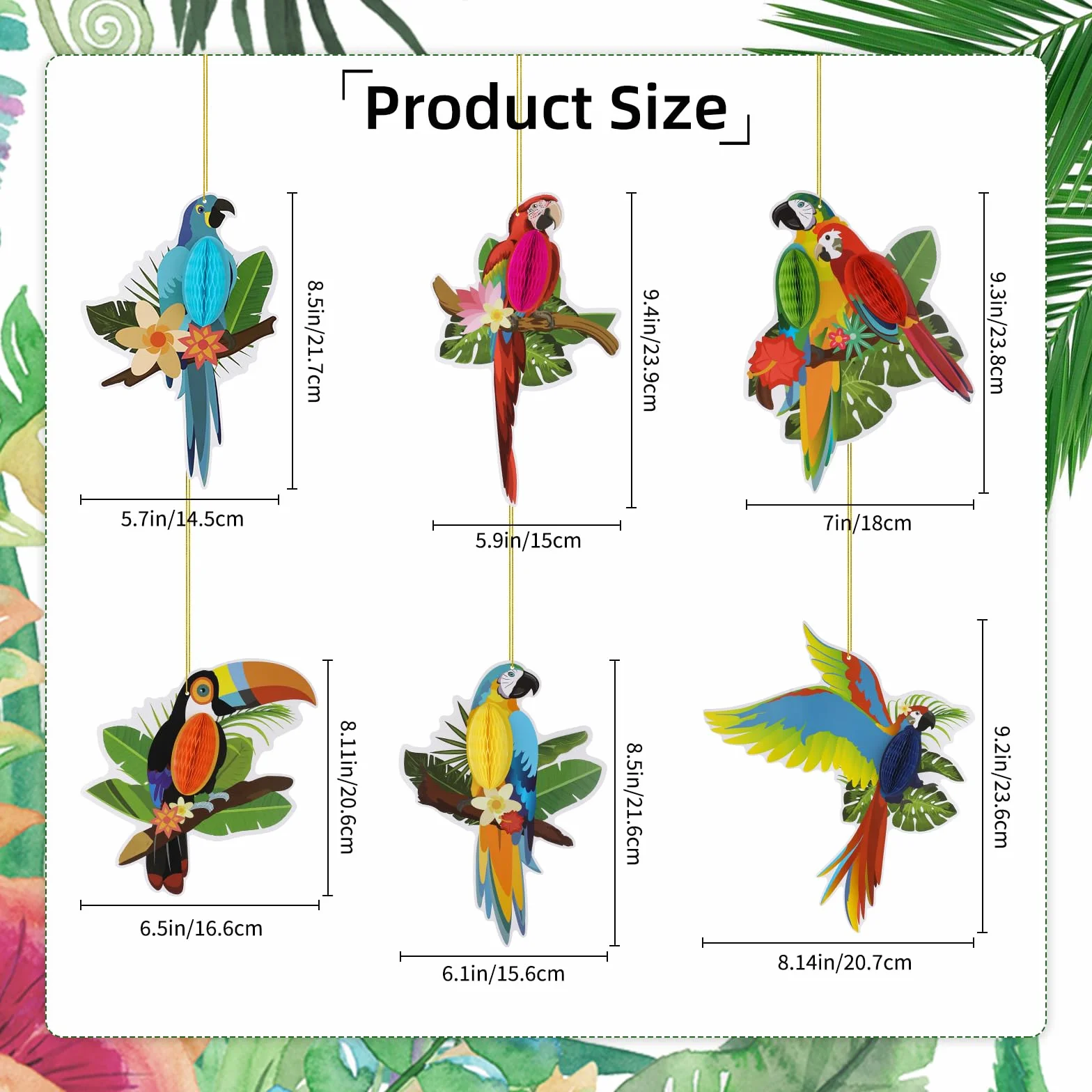 Lot de 6 découpes en papier nid d'abeille oiseaux tropicaux, perroquet hawaïen, décoration fête forêt tropicale