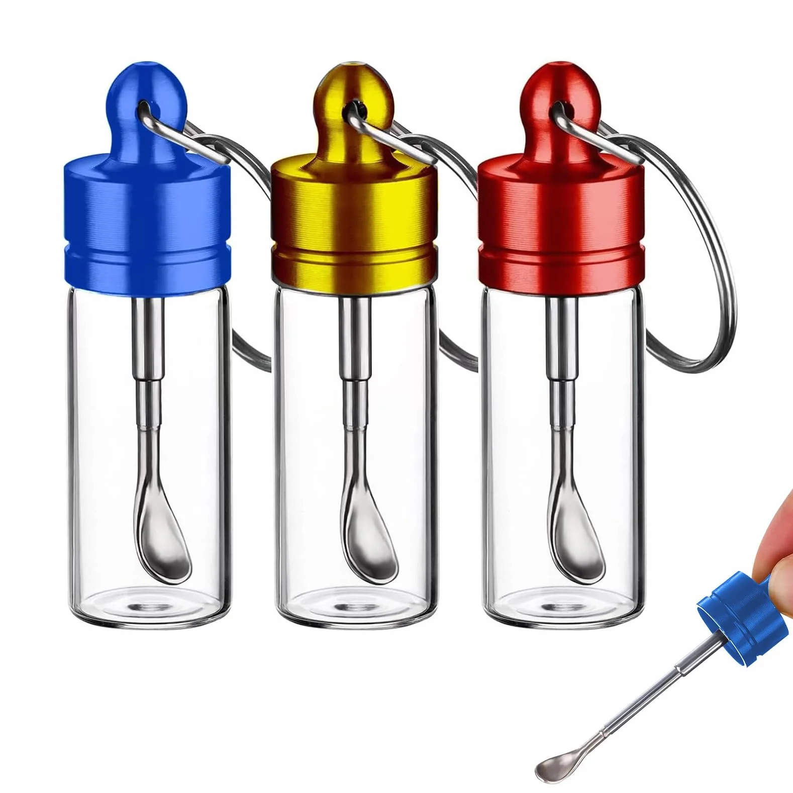 Mini Bouteille Verre Lot de 3 6cm avec Anneau pour Épices, Sucre, Rouge Or Bleu