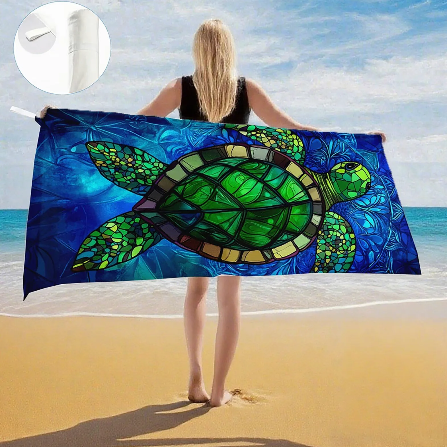 Serviette Plage Tortues de mer Motif, Serviette de Plage XXL 100x180 avec Sac, Serviettes de Bain Microfibre Séchage Rapide Anti-Sable Absorbante Fonction pour Bain Sport Voyages Sauna Piscine Q-700