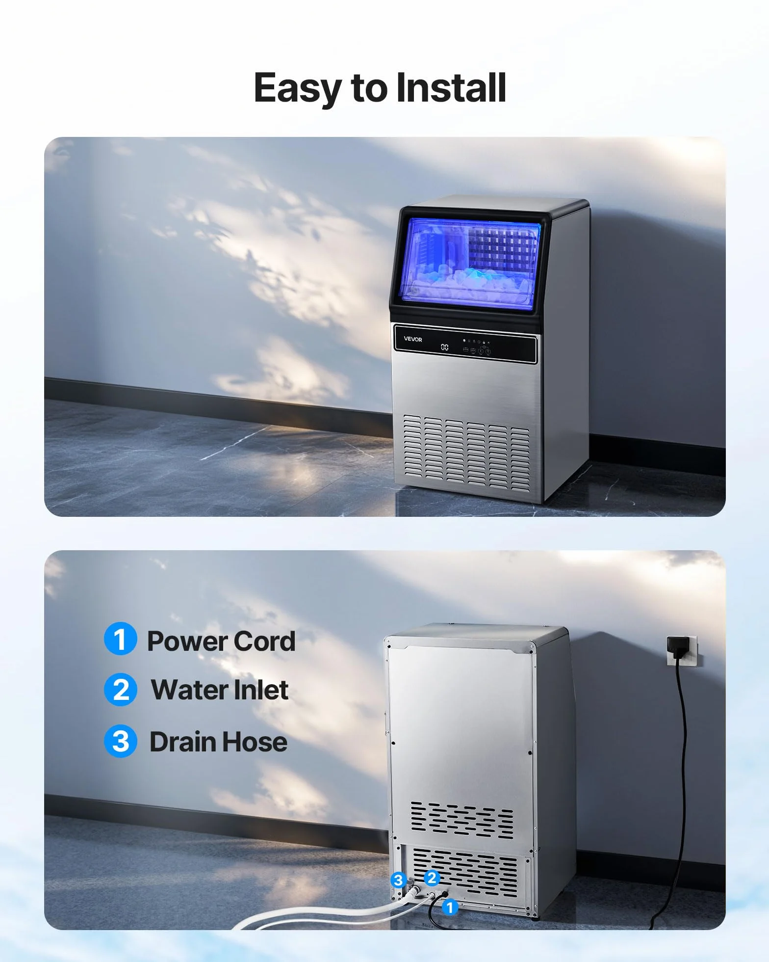 VEVOR Machine à Glaçons Commerciale 54,4 kg/24 h, 15 kg Stockage, 45 Cubes/Cycle, Écran LED Nettoyage Automatique