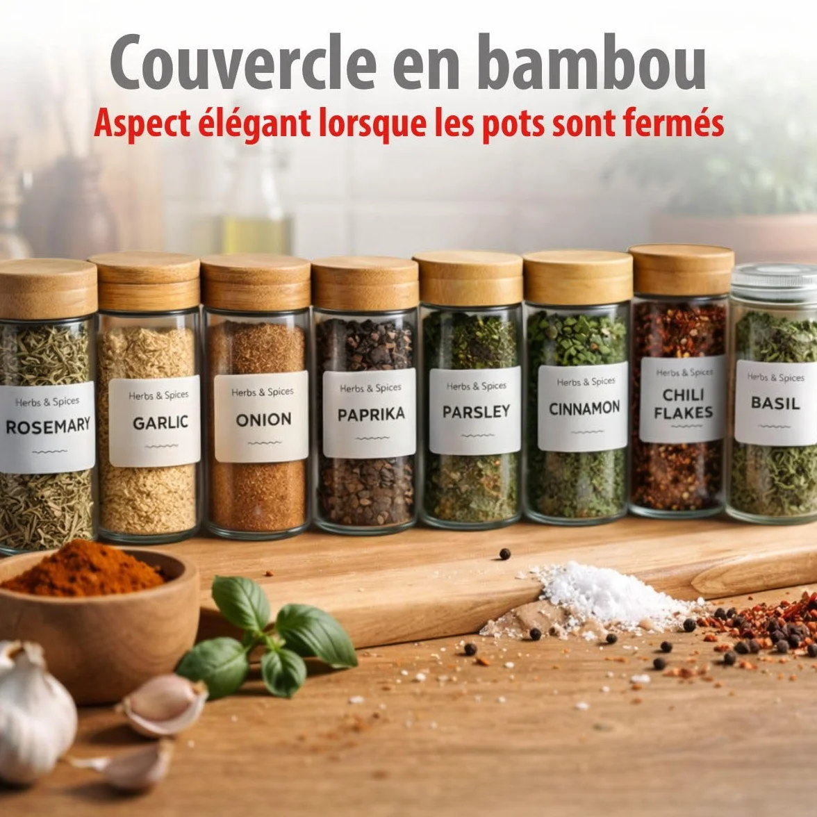 Alpina Pot Epices Verre Lot de 12 - Petit Pot en Verre avec Couvercle Bambou et Doseur pour Rangement Cuisine