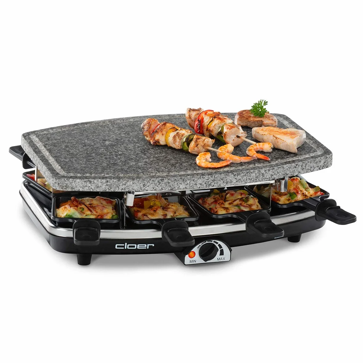 Cloer 6430 Raclette gril avec pierre de cuisson naturelle, inclus 8 poêlons anti-adhésifs pour faciliter le retrait des aliments, 1200 W, Noir