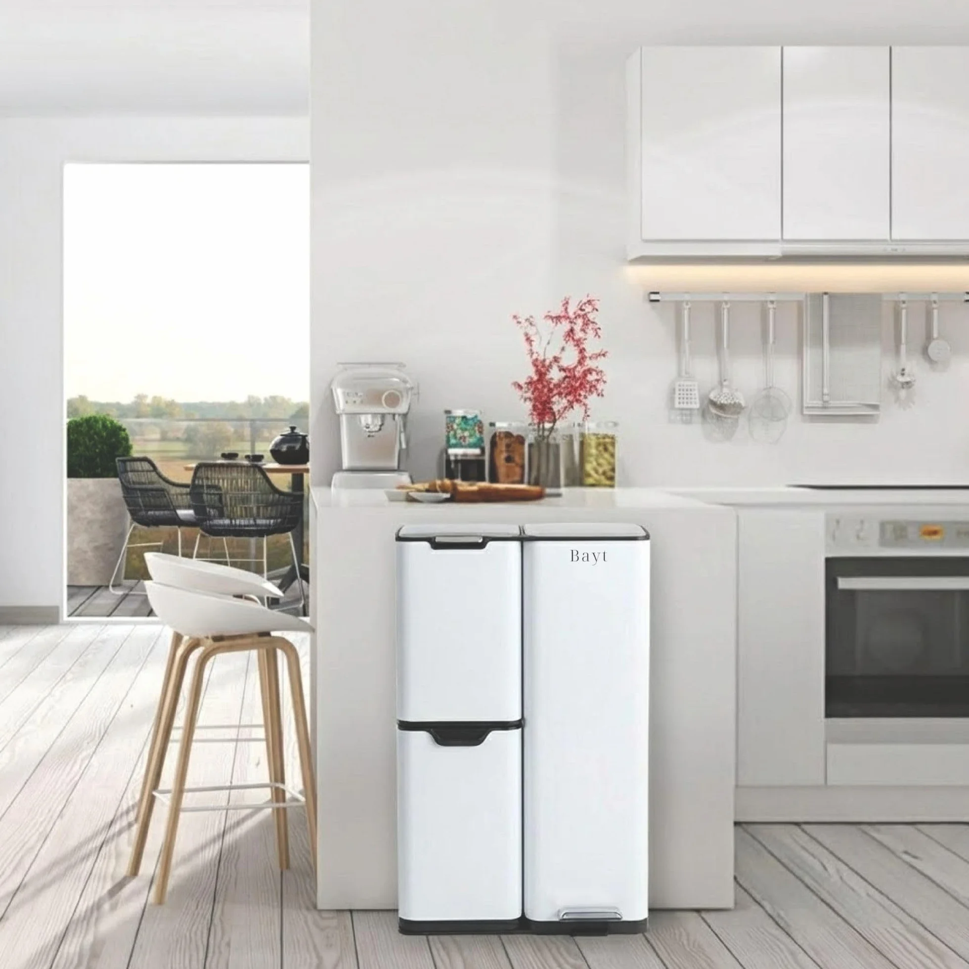 Poubelle Tri Selectif Cuisine 60L Inox 3 Compartiments Anti Odeur Pédale Blanc