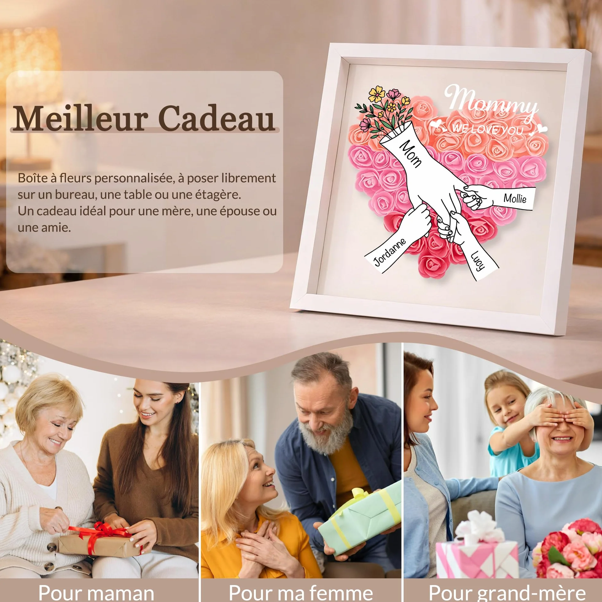 BEXOA Boîte à Fleurs Cœur Personnalisé Cadeau Fête des Mères avec 2-6 Prénoms
