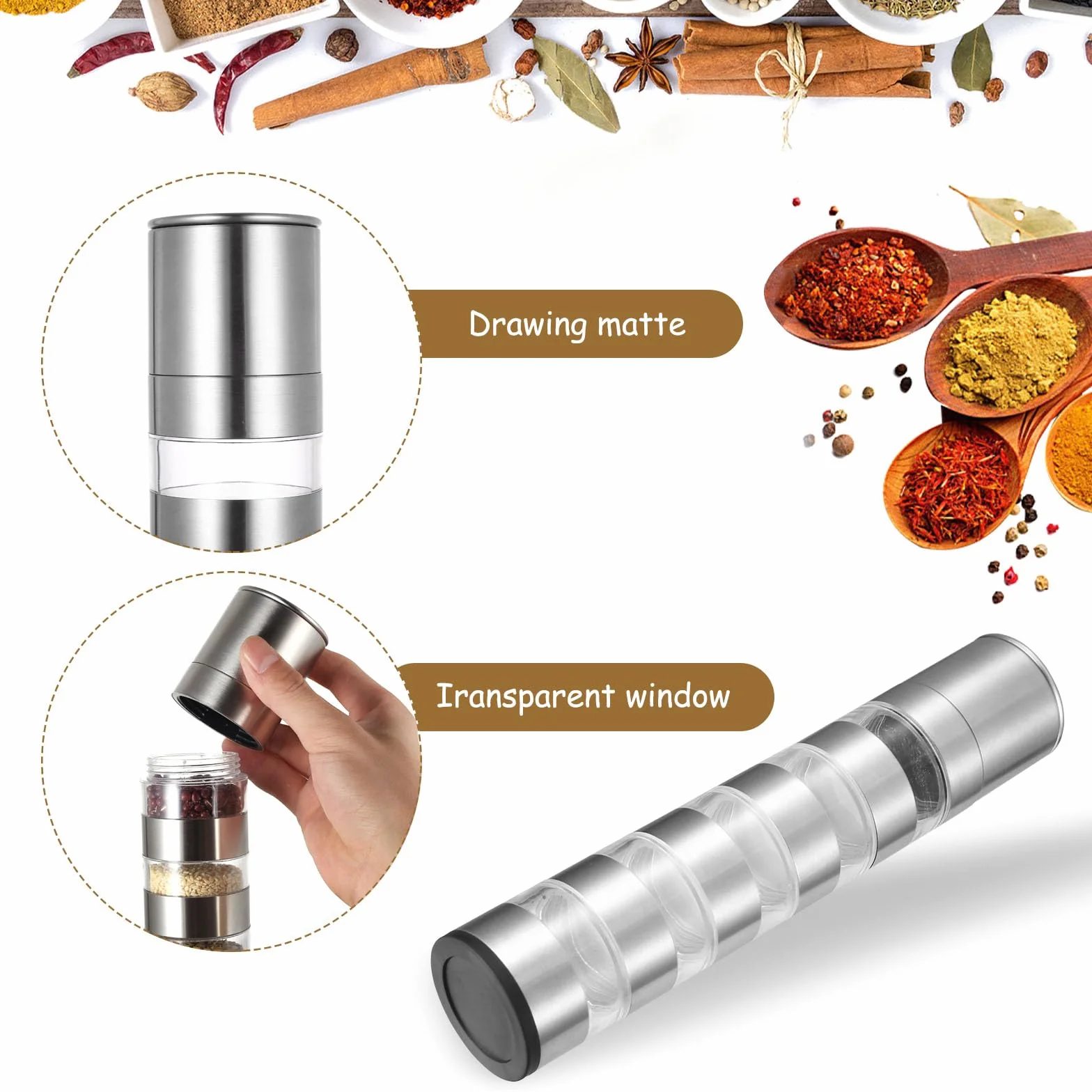 Pot à Épices 5-en-1 en Acier Inoxydable, Mini Bocaux à Épices Portables pour Camping et Voyage