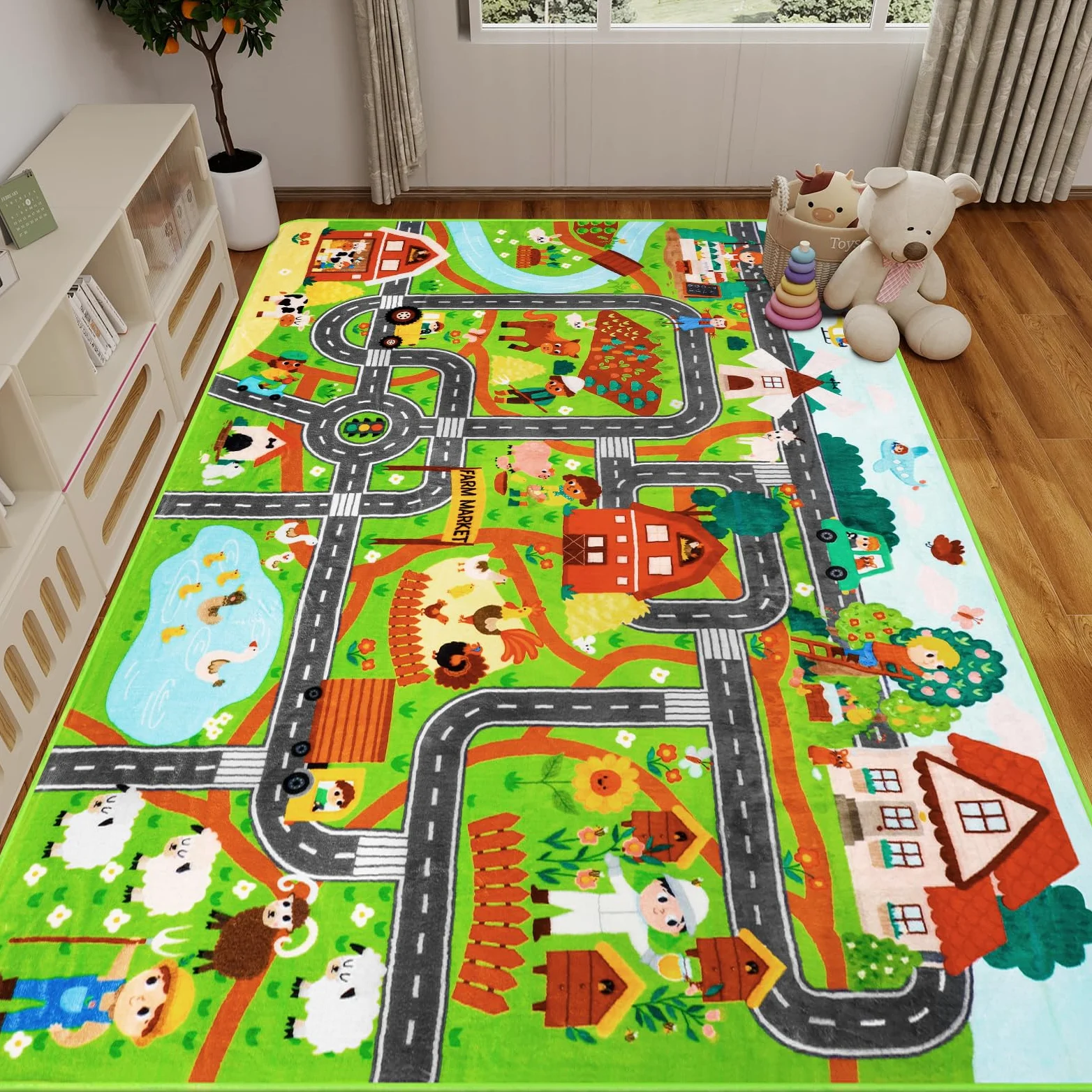 Tapis de voiture pour enfants - 200 x 150 cm - Vie de la ferme - Circulation routière pour salle de jeux - Tapis de rue pour enfants - Carte de village - Tapis de jeu pour tout-petits - Marché