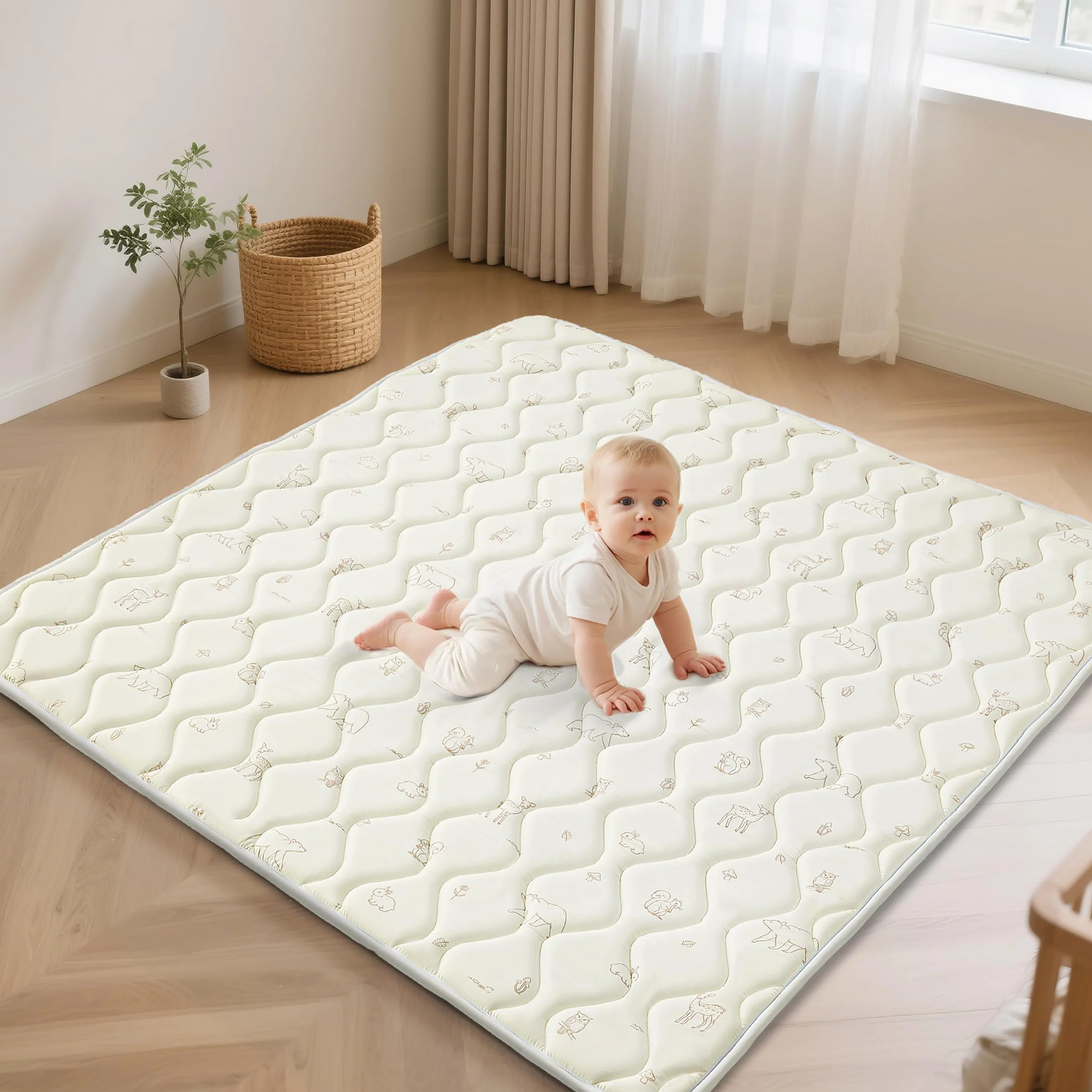 Tapis Bébé Pliable 120x120cm Antidérapant Matelas Mousse Lavable Motricité Sol Parc 0-24 Mois Forêt Beige