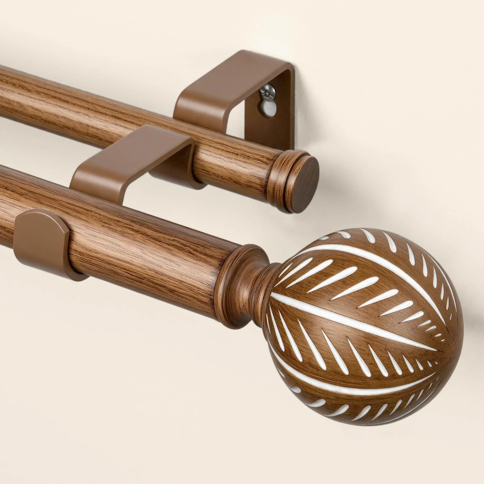 KAMANINA Tringle à rideaux double en bois de 2,5 cm pour fenêtres de 167,6 à 304,8 cm (1,5 à 3 m) – Tringles à rideaux décoratives très résistantes avec embouts à motif de feuilles – Grain de bois