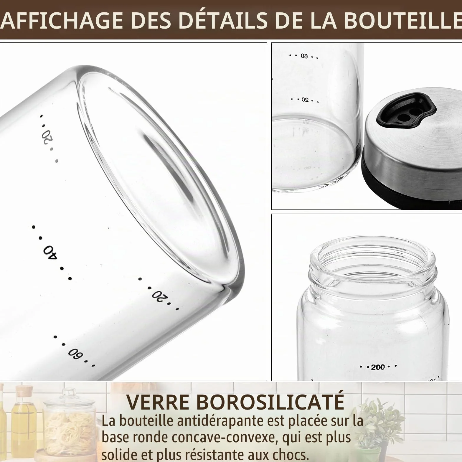 APACALI 4 x 200ml Bocaux à Épices Verre Borosilicaté avec Couvercle Rotatif
