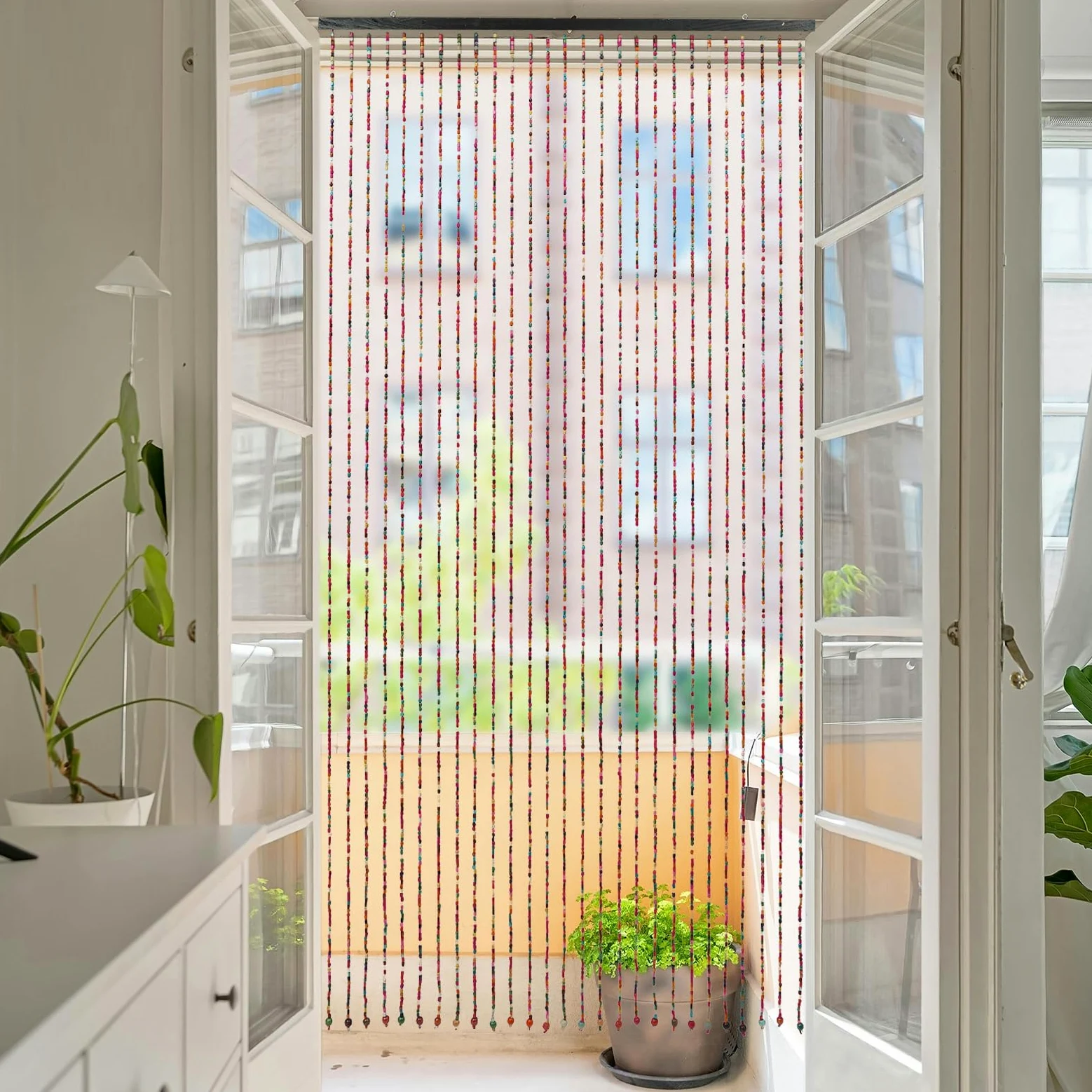 Rideau de porte en perles de bambou - 27 brins - Arc-en-ciel - Bois naturels multicolores - Rideau à fils - Anti-insectes - 90 x 175 cm