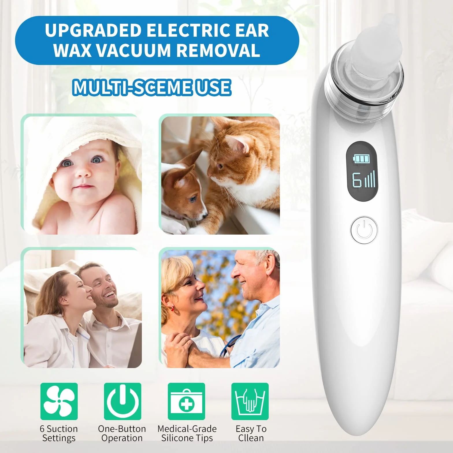 Aspirateur de cérumen électrique 6 vitesses LCD pour nettoyage en profondeur enfants adultes