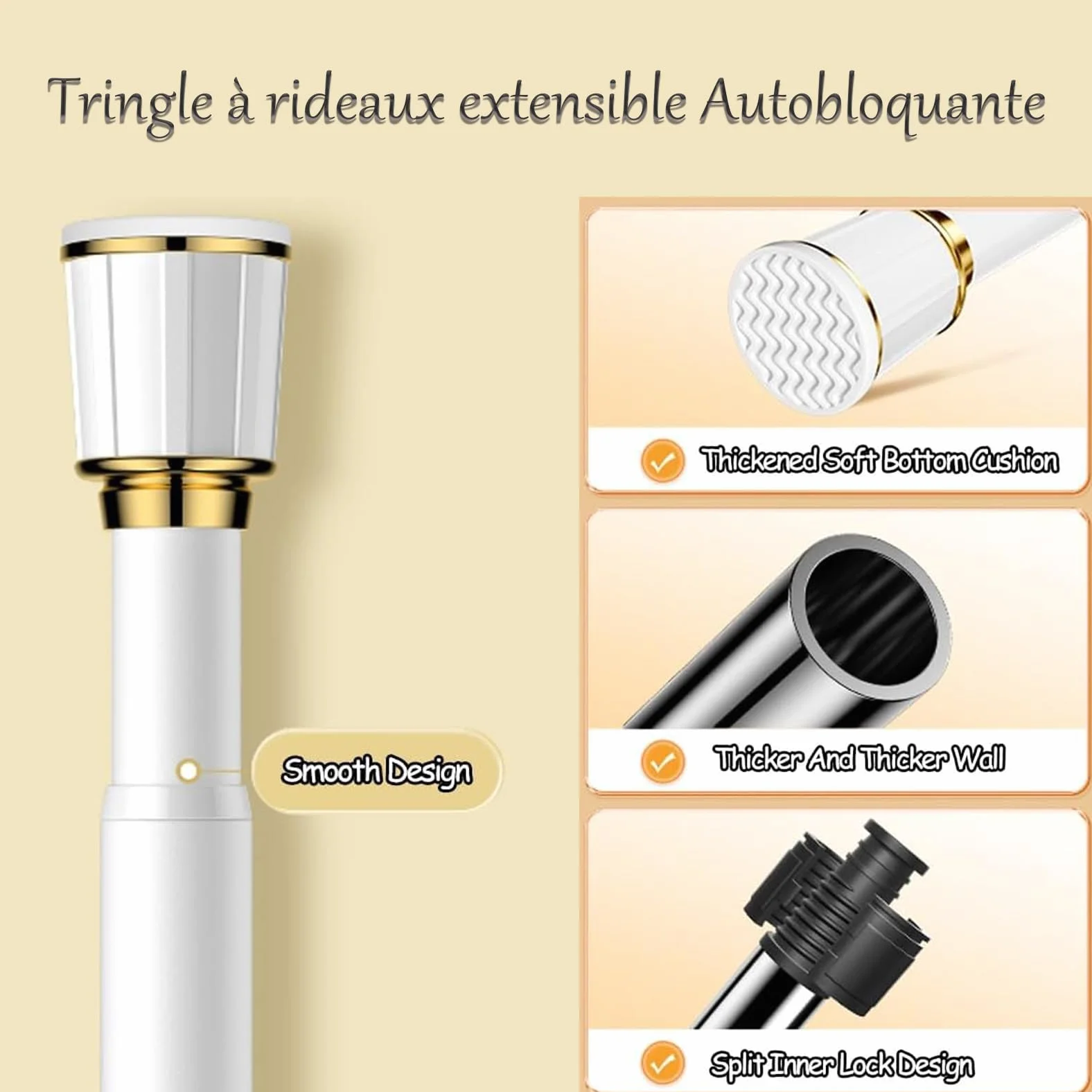 Tringle à rideaux extensible sans perçage de 3,6 à 4,5 m - Tringle de tension noire pour douche et séparateur de pièce - Installation facile - Longueur réglable - Design moderne et durable