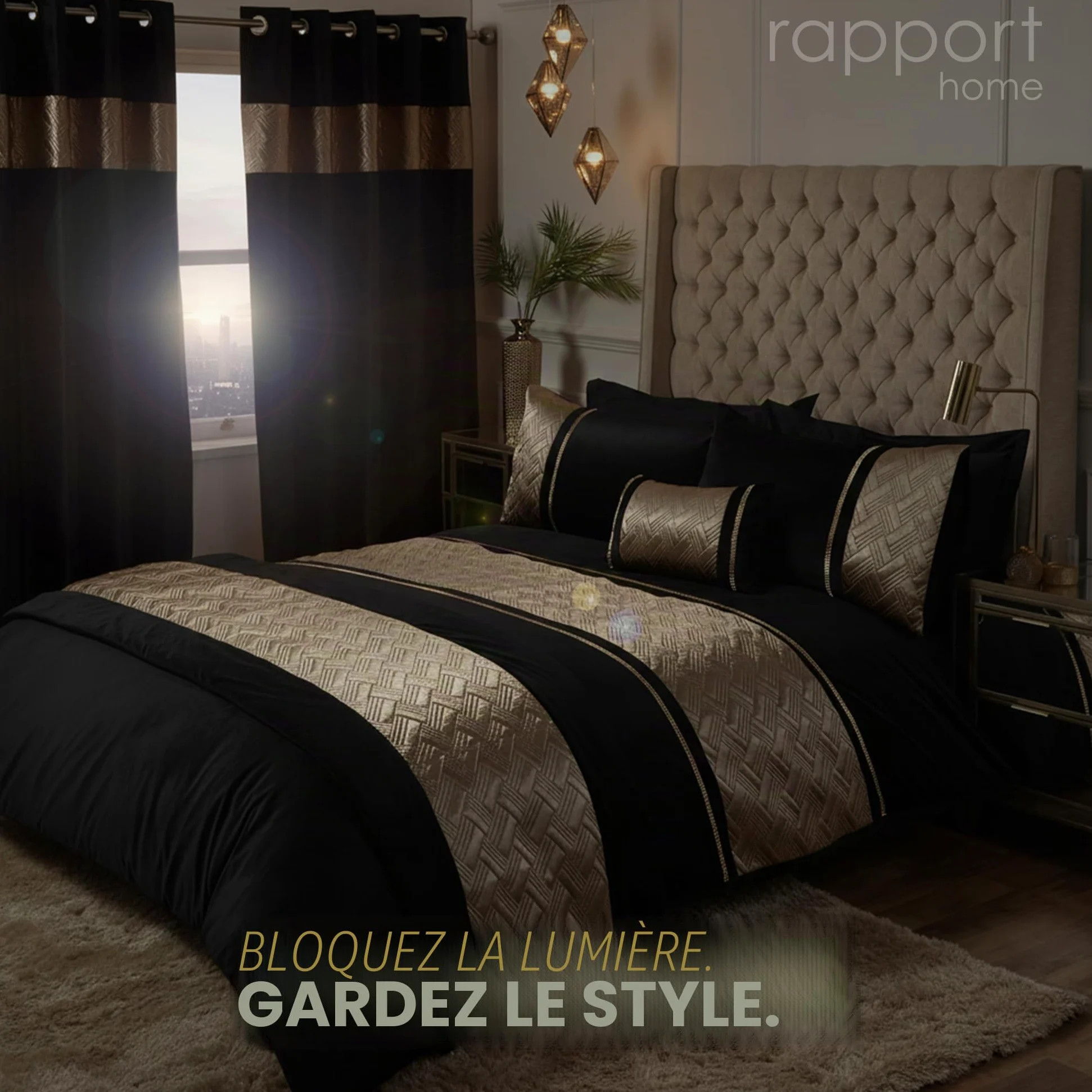 Rapport Capri Paire de Rideaux à œillets en Velours Noir/doré 168 x 183 cm