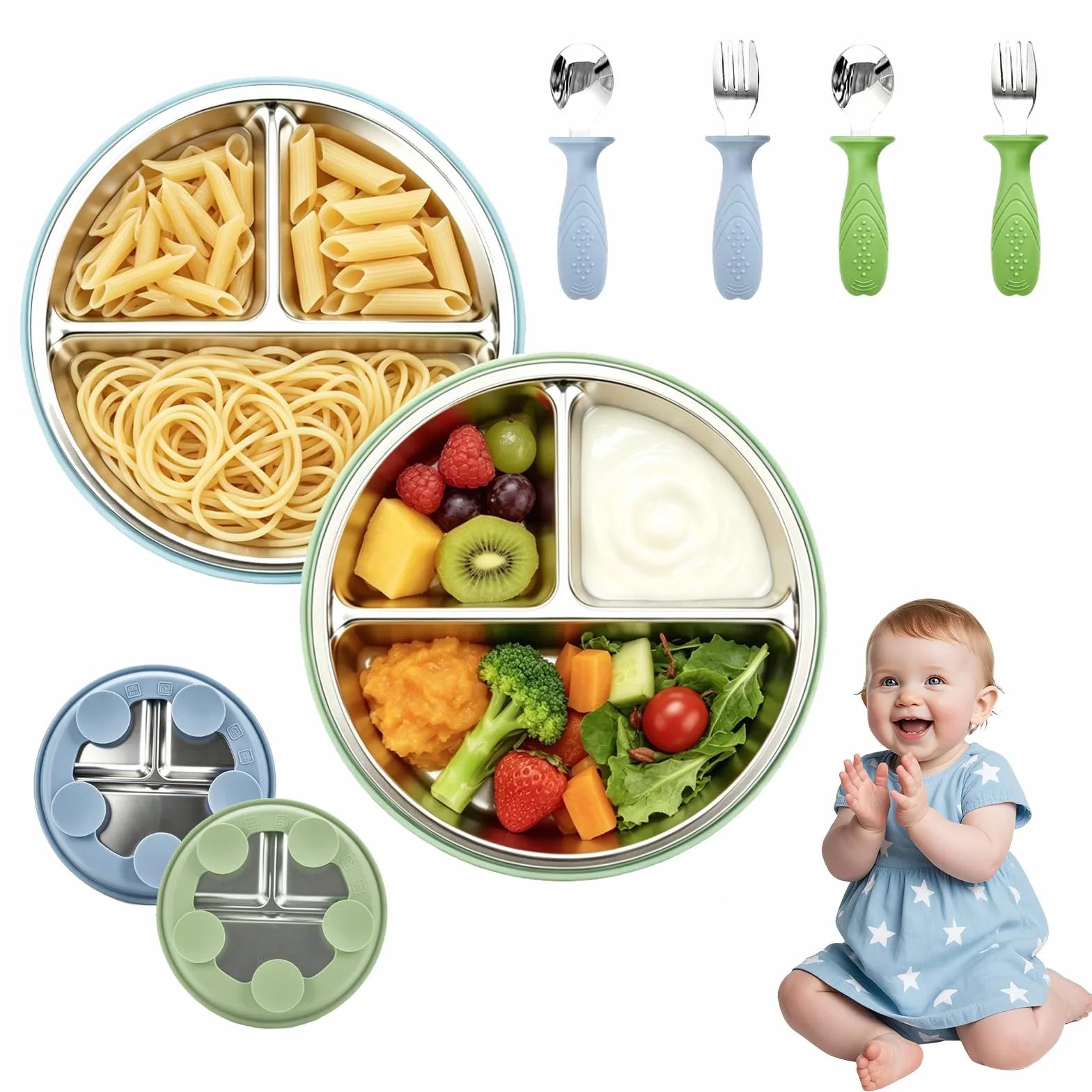 Coffrets Repas Bébé Acier Inoxydable Sans BPA Antidérapant Lot de 2