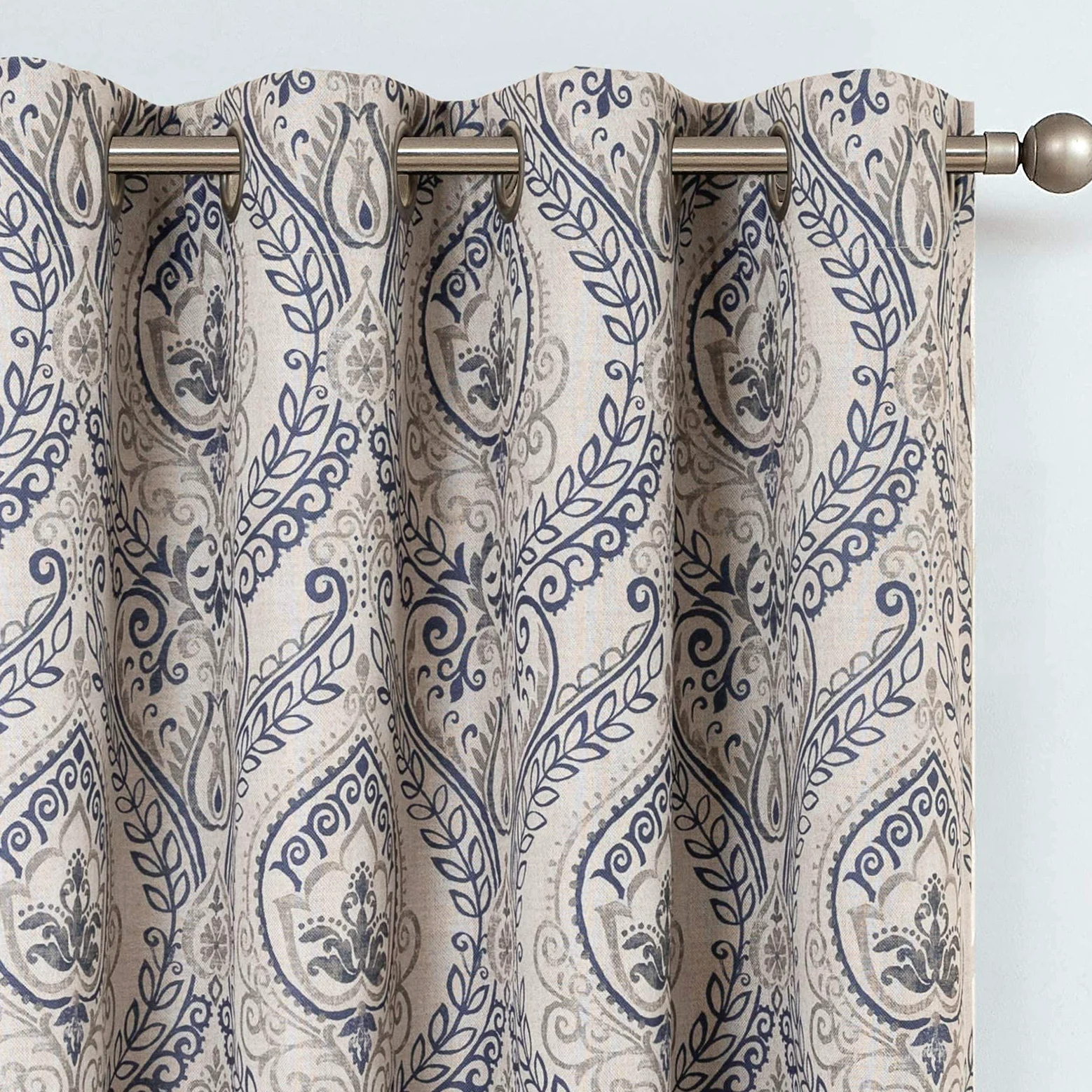 TOPICK Lot de 2 Rideau Occultant avec Oeillets Bleu Rideaux Thermique Isolant Anti Chaleur Double Rideau Fenêtre Aspect Lin Rideau Opaque avec Motif Oriental Vintage Salon Chambre 130 x 175cm (L x H)