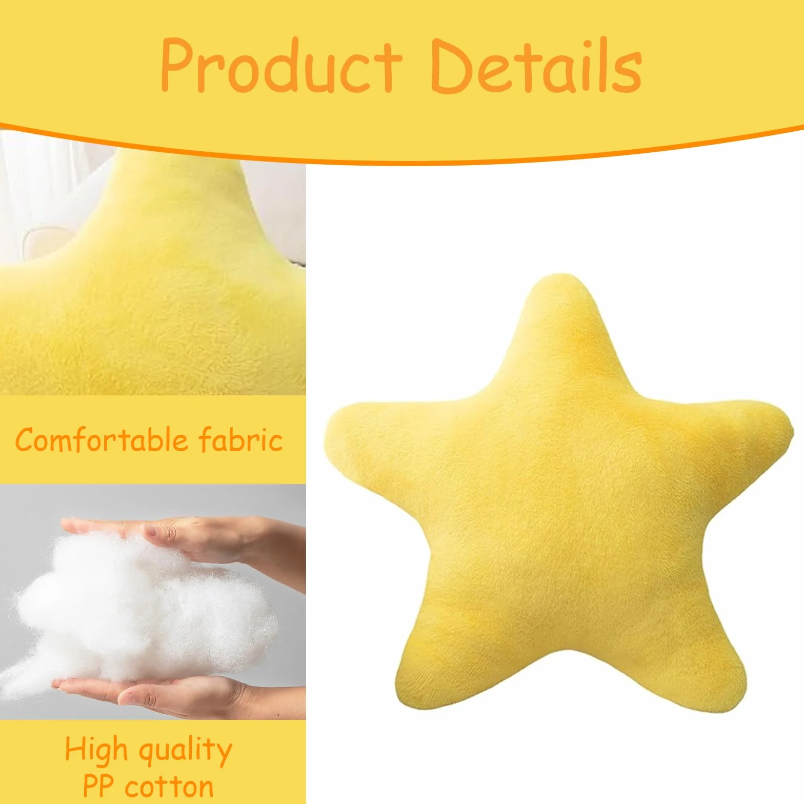 Children's Star Cushion Soft Fluffy Decorative Pillow for Bedroom Boys Girls Yellow 30cm