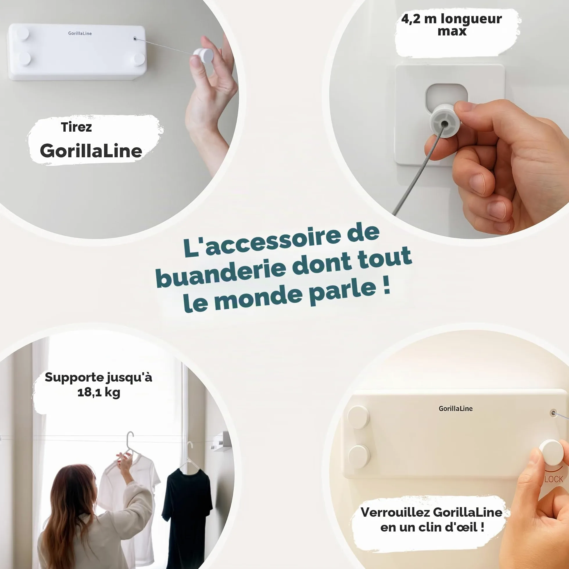 GorillaLine Corde à Linge rétractable pour intérieur et extérieur – Corde à Linge Robuste – Séchoir Mural – Séchage à l'air Libre