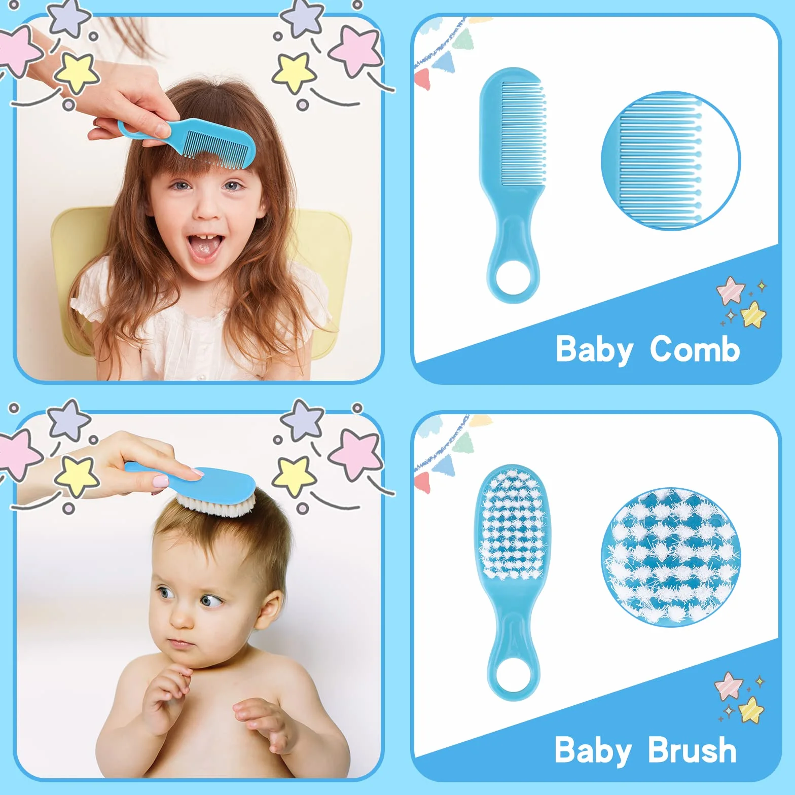 Kit de toilettage pour bébé 20 en 1 avec brosse, peigne, coupe-ongles, aspirateur nasal, bleu