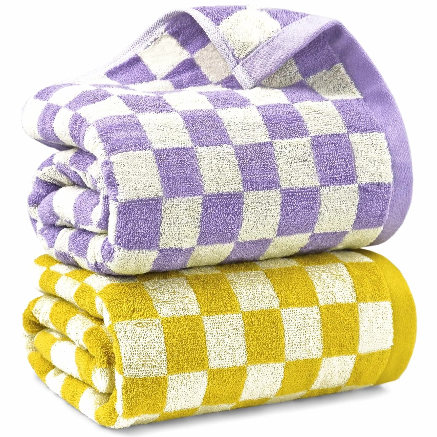 Jacquotha Lot de 2 grandes serviettes de bain à carreaux jaunes et lilas, douces et colorées, pour salle de bain, spa, grandes serviettes de douche de 140 x 69,8 cm, fines à séchage rapide pour plage,