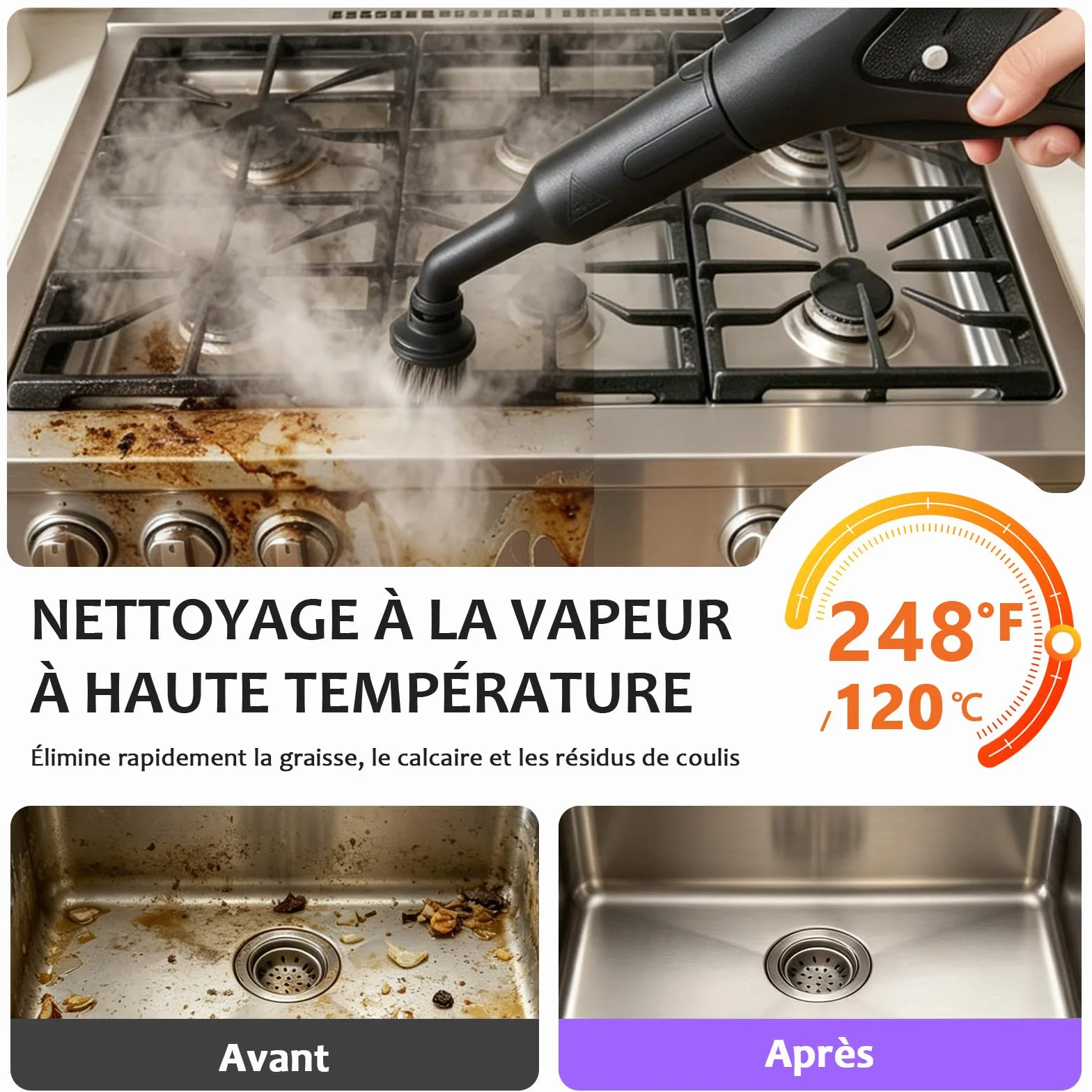 Nettoyeur vapeur portable 120 °C 20 accessoires pour sols canapés fenêtres meubles cuisine
